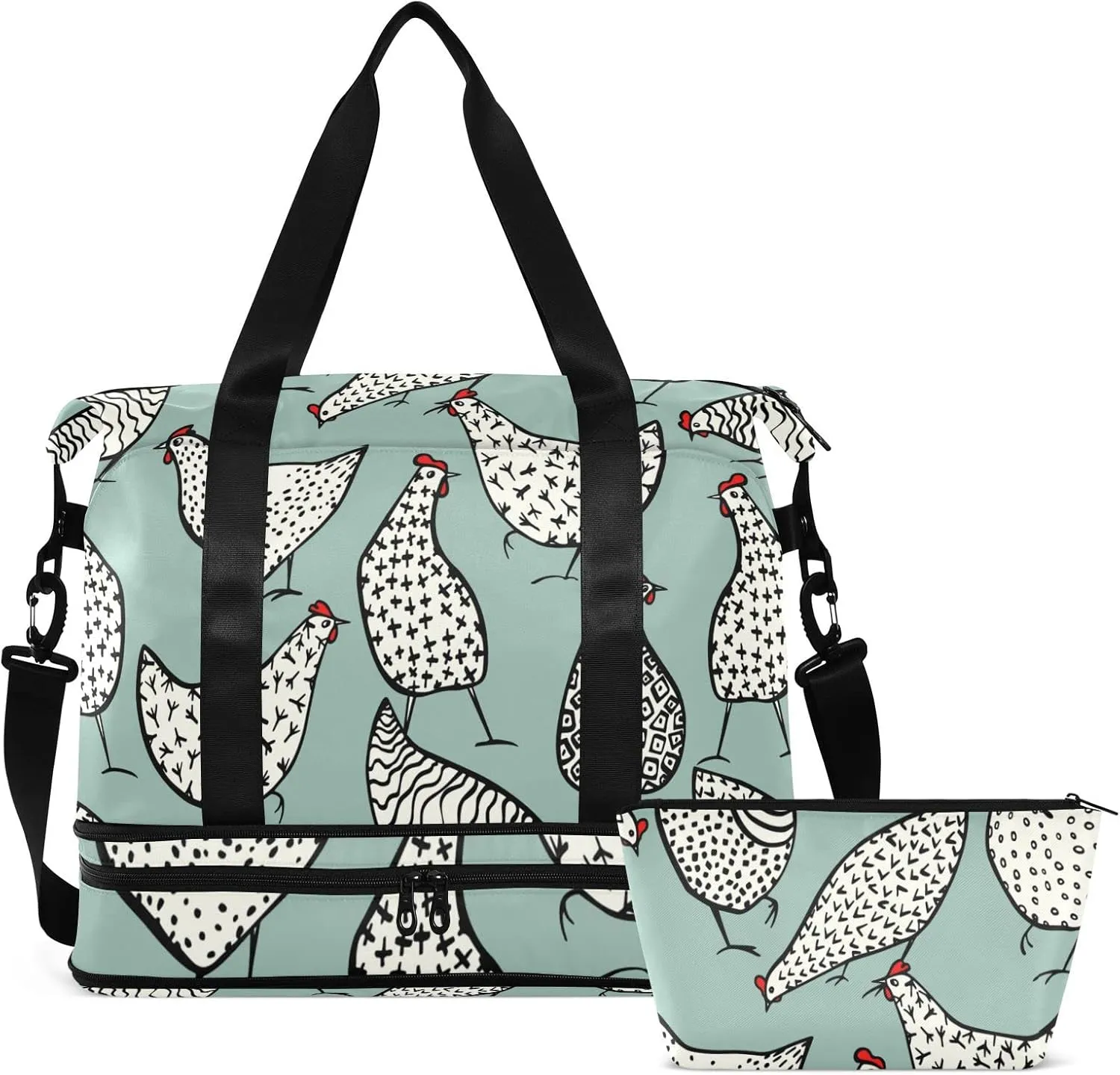 Seamless Hand Drawn White Chickens on Turquoise Foldable Travel Bag, Camping Luggage bag, Portable Gym Bag, Sports Bag, Toiletry Bag with Handles Adjustable Shoulder Strap