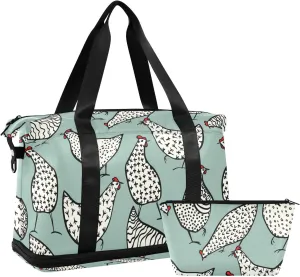 Seamless Hand Drawn White Chickens on Turquoise Foldable Travel Bag, Camping Luggage bag, Portable Gym Bag, Sports Bag, Toiletry Bag with Handles Adjustable Shoulder Strap
