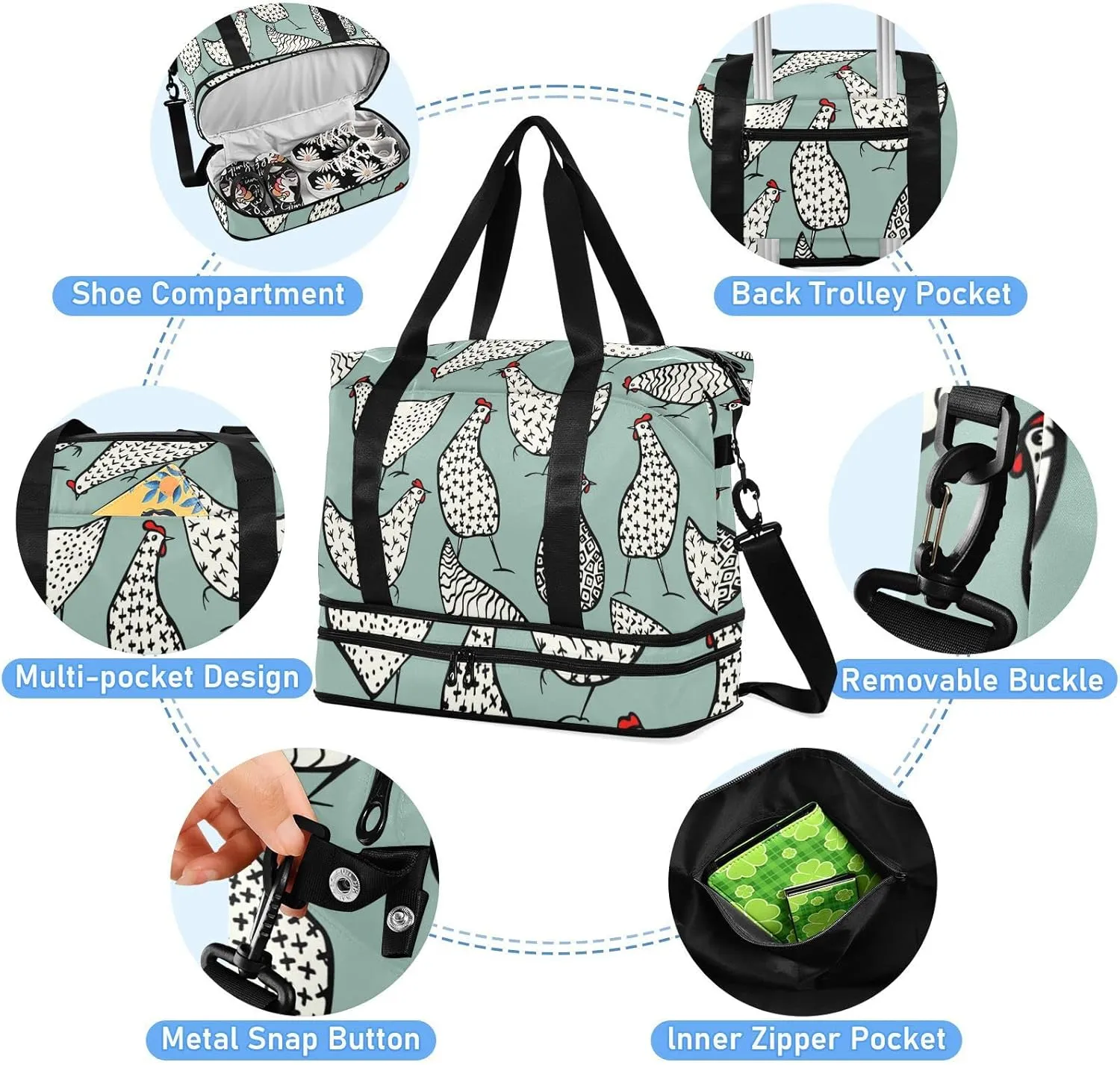 Seamless Hand Drawn White Chickens on Turquoise Foldable Travel Bag, Camping Luggage bag, Portable Gym Bag, Sports Bag, Toiletry Bag with Handles Adjustable Shoulder Strap