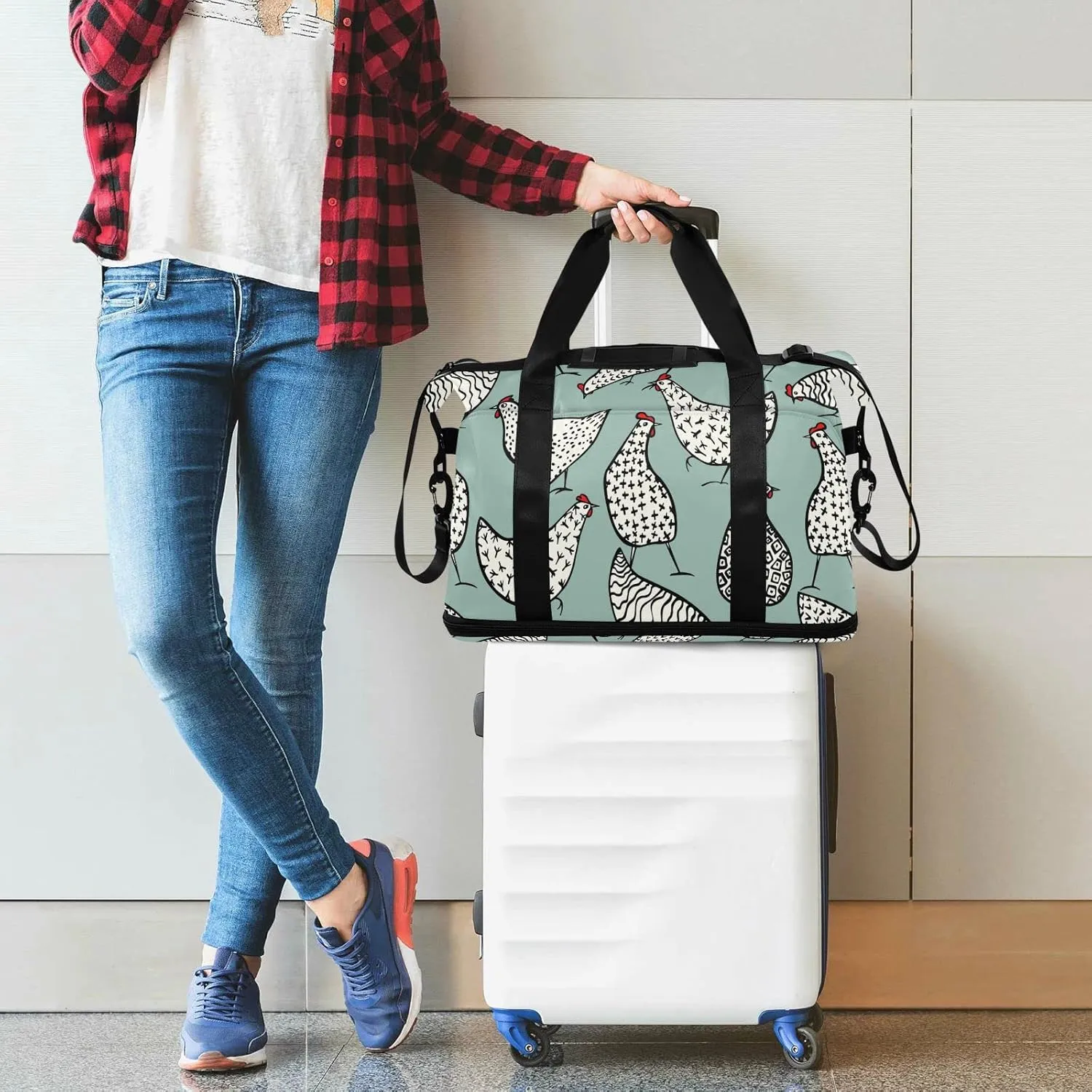 Seamless Hand Drawn White Chickens on Turquoise Foldable Travel Bag, Camping Luggage bag, Portable Gym Bag, Sports Bag, Toiletry Bag with Handles Adjustable Shoulder Strap