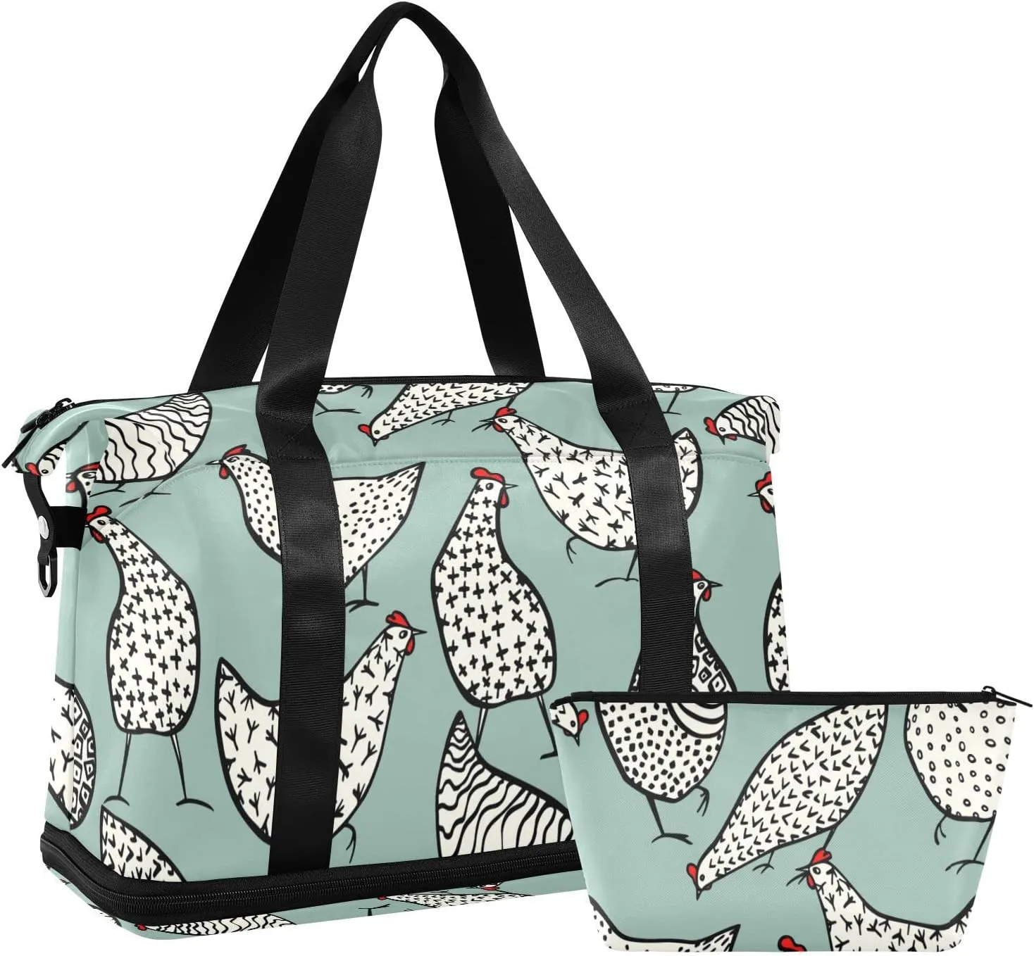 Seamless Hand Drawn White Chickens on Turquoise Foldable Travel Bag, Camping Luggage bag, Portable Gym Bag, Sports Bag, Toiletry Bag with Handles Adjustable Shoulder Strap