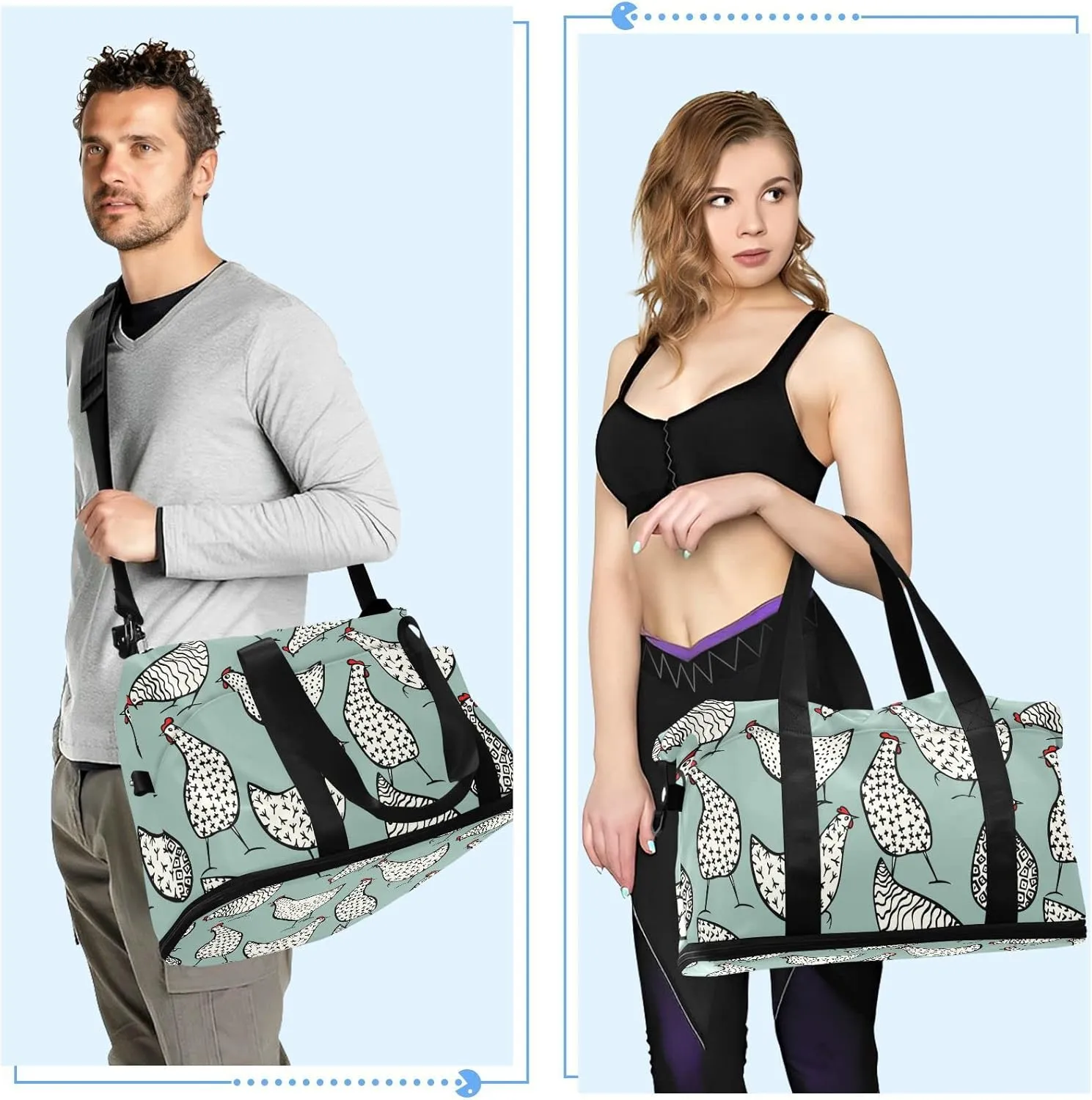 Seamless Hand Drawn White Chickens on Turquoise Foldable Travel Bag, Camping Luggage bag, Portable Gym Bag, Sports Bag, Toiletry Bag with Handles Adjustable Shoulder Strap