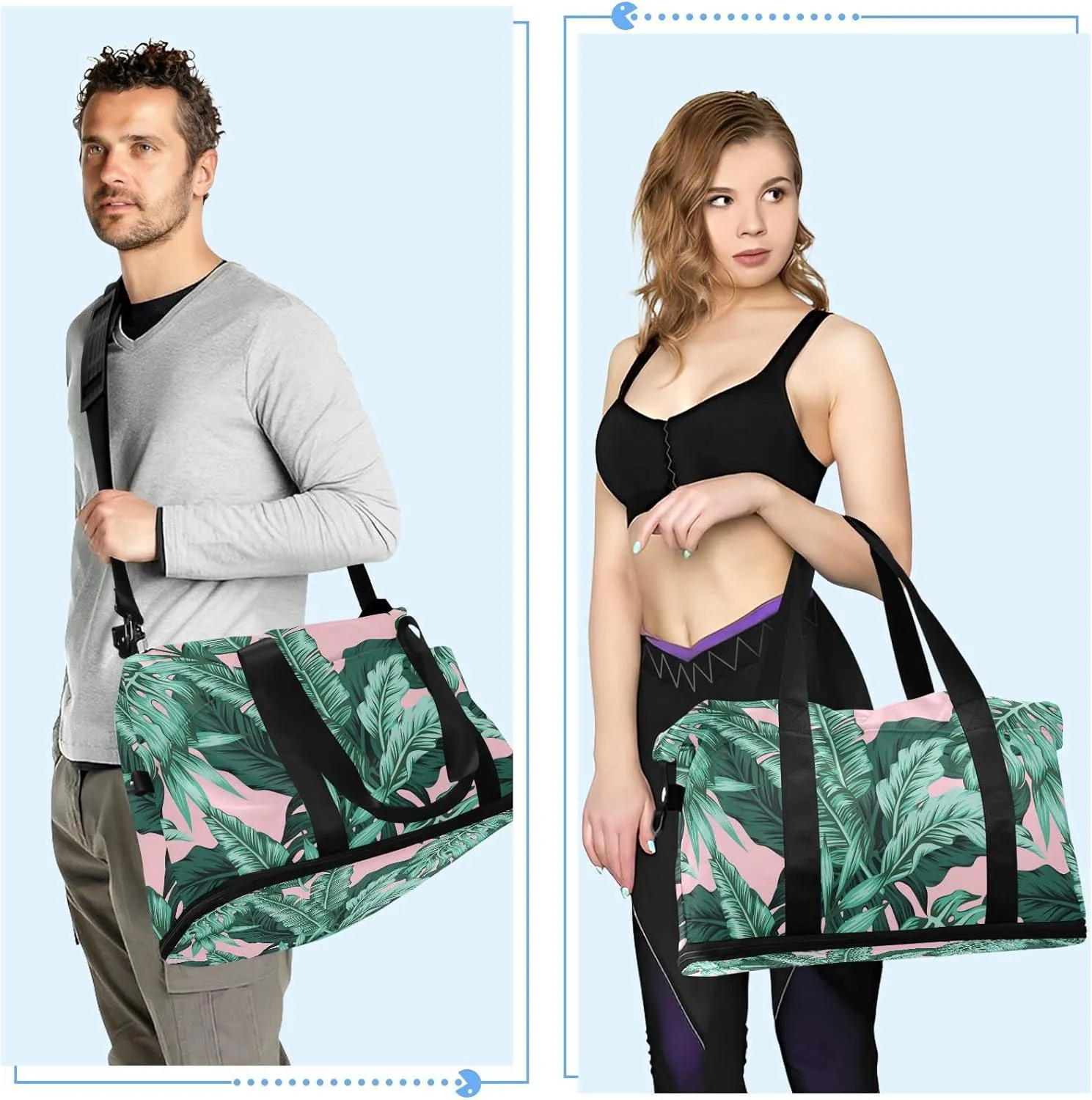 Seamless Turquoise and Green Tropical Leaves on Pink Foldable Travel Bag, Camping Luggage bag, Portable Gym Bag, Sports Bag, Toiletry Bag with Handles Adjustable Shoulder Strap