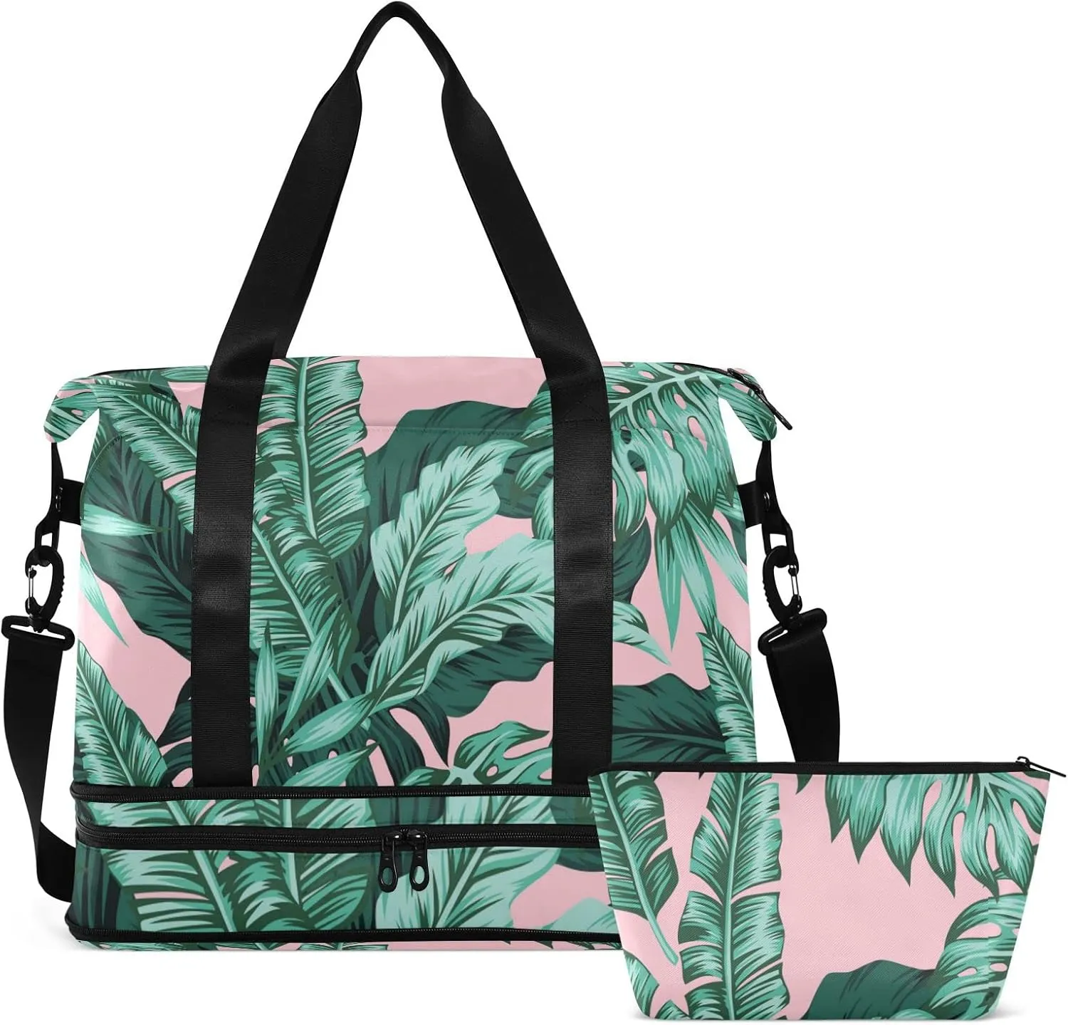 Seamless Turquoise and Green Tropical Leaves on Pink Foldable Travel Bag, Camping Luggage bag, Portable Gym Bag, Sports Bag, Toiletry Bag with Handles Adjustable Shoulder Strap