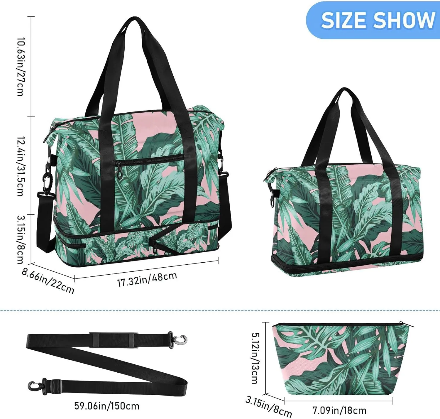Seamless Turquoise and Green Tropical Leaves on Pink Foldable Travel Bag, Camping Luggage bag, Portable Gym Bag, Sports Bag, Toiletry Bag with Handles Adjustable Shoulder Strap
