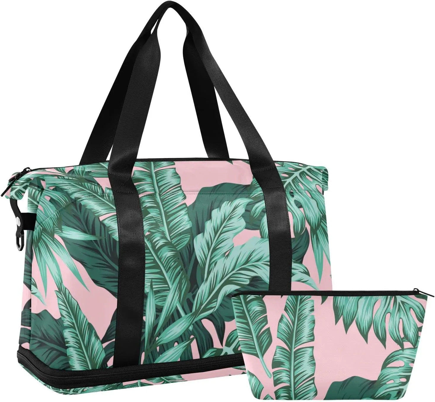 Seamless Turquoise and Green Tropical Leaves on Pink Foldable Travel Bag, Camping Luggage bag, Portable Gym Bag, Sports Bag, Toiletry Bag with Handles Adjustable Shoulder Strap
