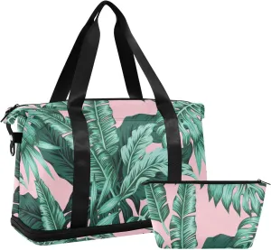 Seamless Turquoise and Green Tropical Leaves on Pink Foldable Travel Bag, Camping Luggage bag, Portable Gym Bag, Sports Bag, Toiletry Bag with Handles Adjustable Shoulder Strap