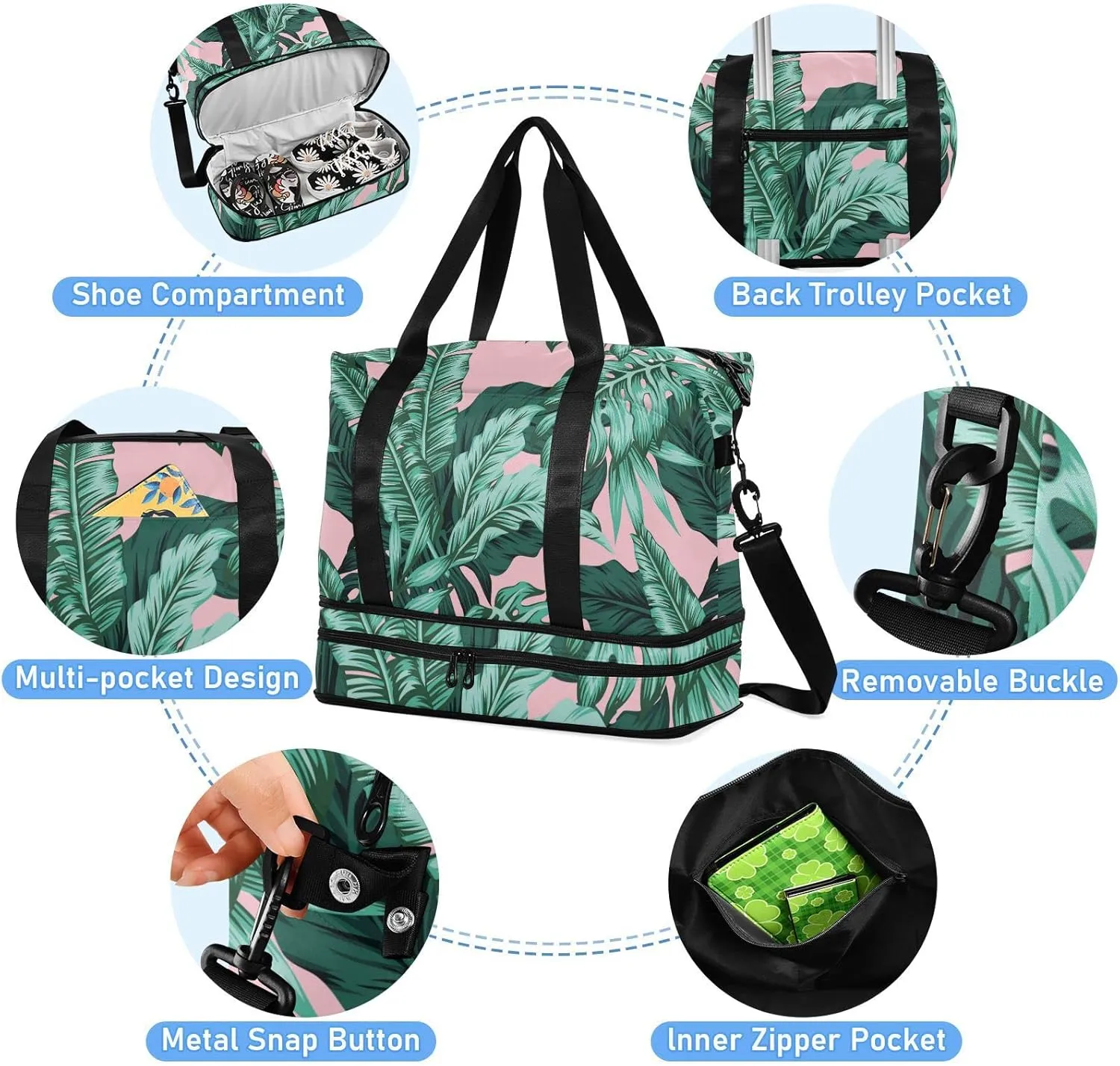 Seamless Turquoise and Green Tropical Leaves on Pink Foldable Travel Bag, Camping Luggage bag, Portable Gym Bag, Sports Bag, Toiletry Bag with Handles Adjustable Shoulder Strap