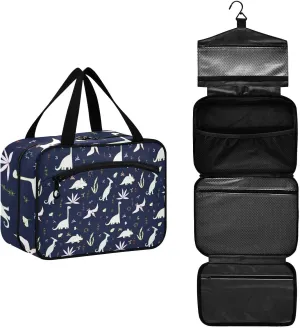 Seamless White Fern leaves, Bushes and Dinosaurs on Dark Women's Portable Makeup Bag with Handle Cosmetic Bag, Twill Cloth Travel Cosmetic Bag, Polyester Toiletry Bag for Women L Size