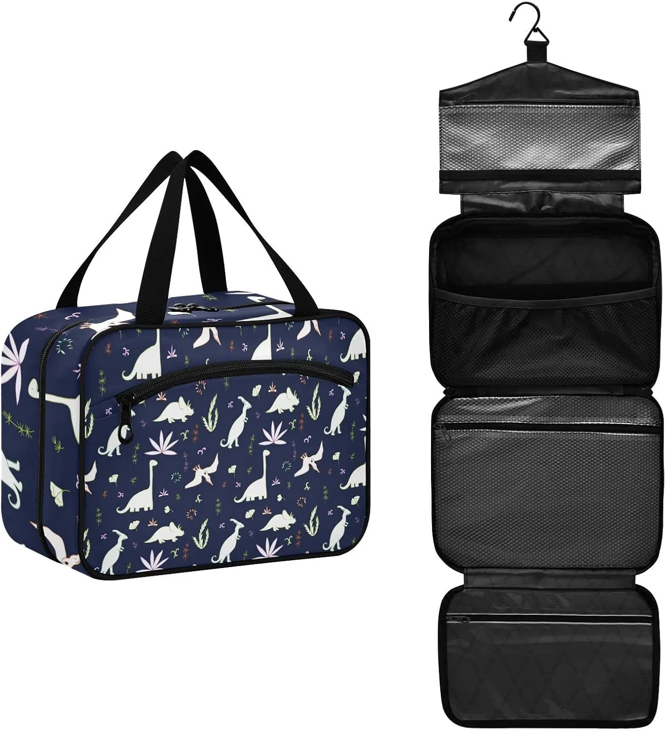 Seamless White Fern leaves, Bushes and Dinosaurs on Dark Women's Portable Makeup Bag with Handle Cosmetic Bag, Twill Cloth Travel Cosmetic Bag, Polyester Toiletry Bag for Women L Size