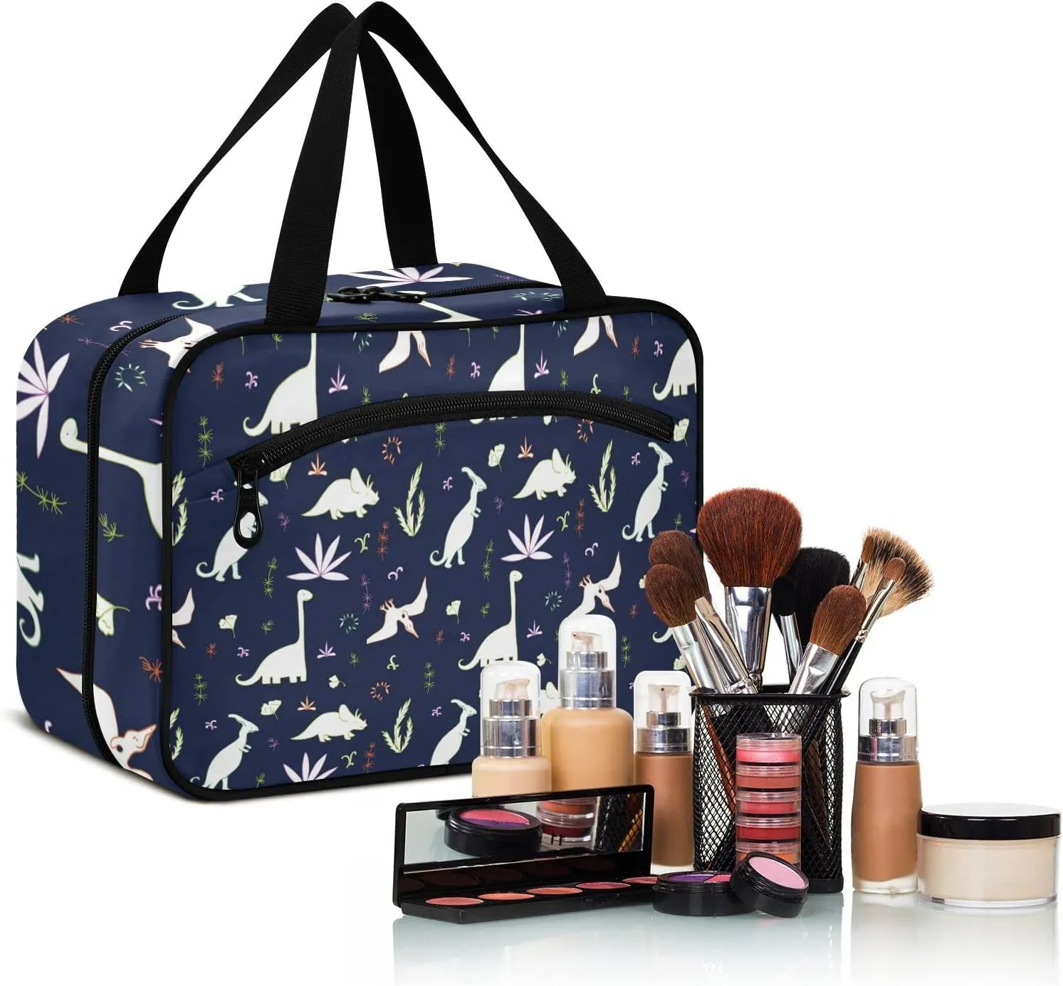Seamless White Fern leaves, Bushes and Dinosaurs on Dark Women's Portable Makeup Bag with Handle Cosmetic Bag, Twill Cloth Travel Cosmetic Bag, Polyester Toiletry Bag for Women L Size