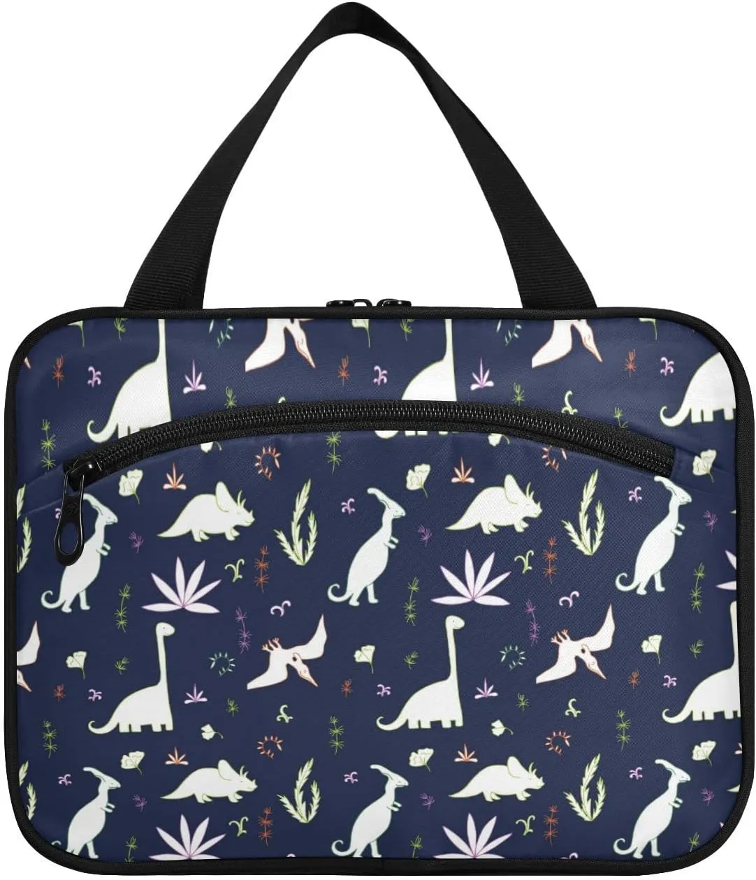 Seamless White Fern leaves, Bushes and Dinosaurs on Dark Women's Portable Makeup Bag with Handle Cosmetic Bag, Twill Cloth Travel Cosmetic Bag, Polyester Toiletry Bag for Women L Size