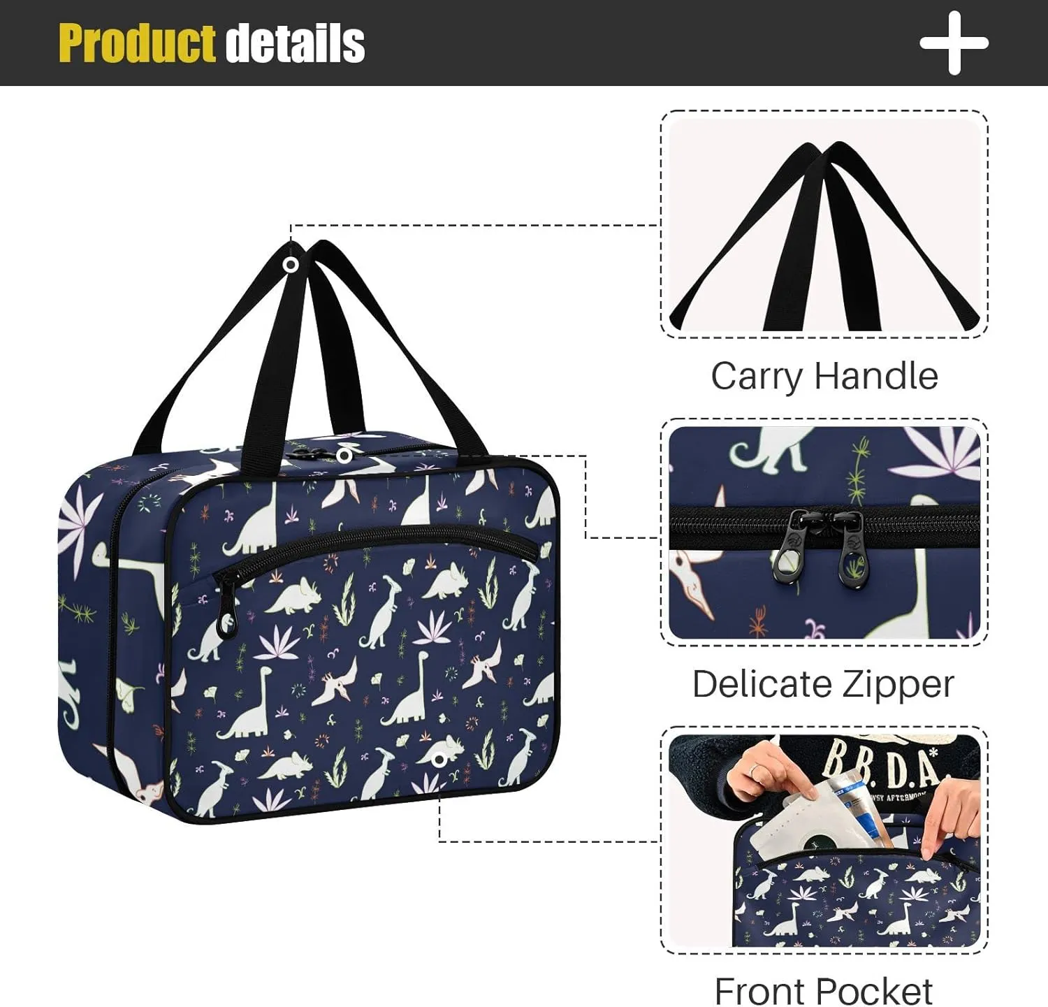 Seamless White Fern leaves, Bushes and Dinosaurs on Dark Women's Portable Makeup Bag with Handle Cosmetic Bag, Twill Cloth Travel Cosmetic Bag, Polyester Toiletry Bag for Women L Size