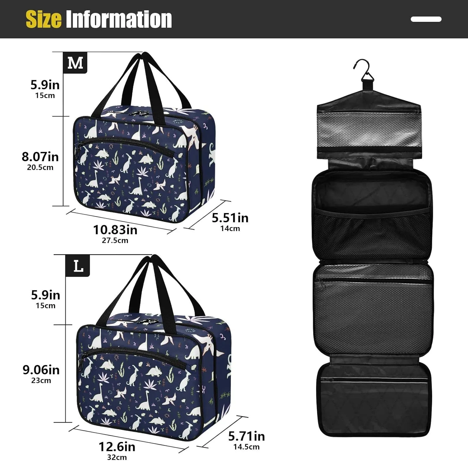 Seamless White Fern leaves, Bushes and Dinosaurs on Dark Women's Portable Makeup Bag with Handle Cosmetic Bag, Twill Cloth Travel Cosmetic Bag, Polyester Toiletry Bag for Women L Size
