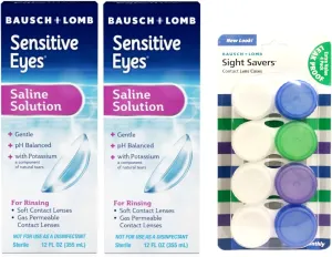Sensitive Eyes Saline Solution 12 fl oz (2 Pack) and Sight Savers Contact Lens Cases 4 Ct