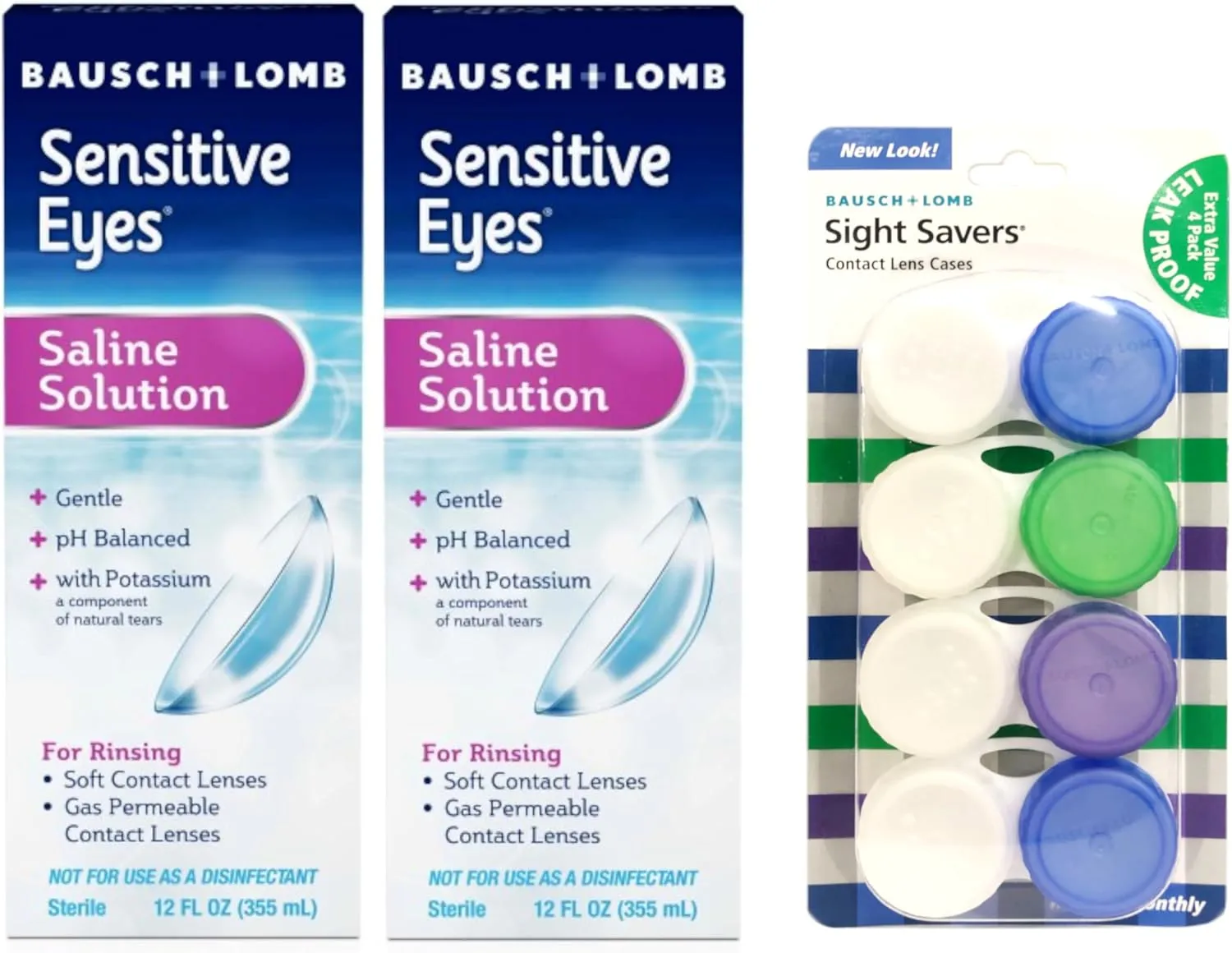 Sensitive Eyes Saline Solution 12 fl oz (2 Pack) and Sight Savers Contact Lens Cases 4 Ct
