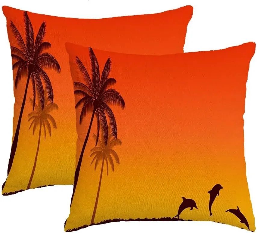 Set of 2 Waterproof Throw Pillow Covers Dolphin Jumping Coast Happy Summer Palm Shadow Swimming Tree Flat Evening Sky Nature Beach Orange Decorative Cushion Cover for Home Outdoor Sofa 18X18 Inches