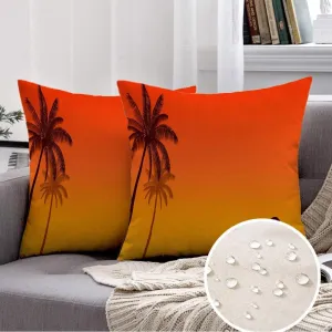 Set of 2 Waterproof Throw Pillow Covers Dolphin Jumping Coast Happy Summer Palm Shadow Swimming Tree Flat Evening Sky Nature Beach Orange Decorative Cushion Cover for Home Outdoor Sofa 18X18 Inches