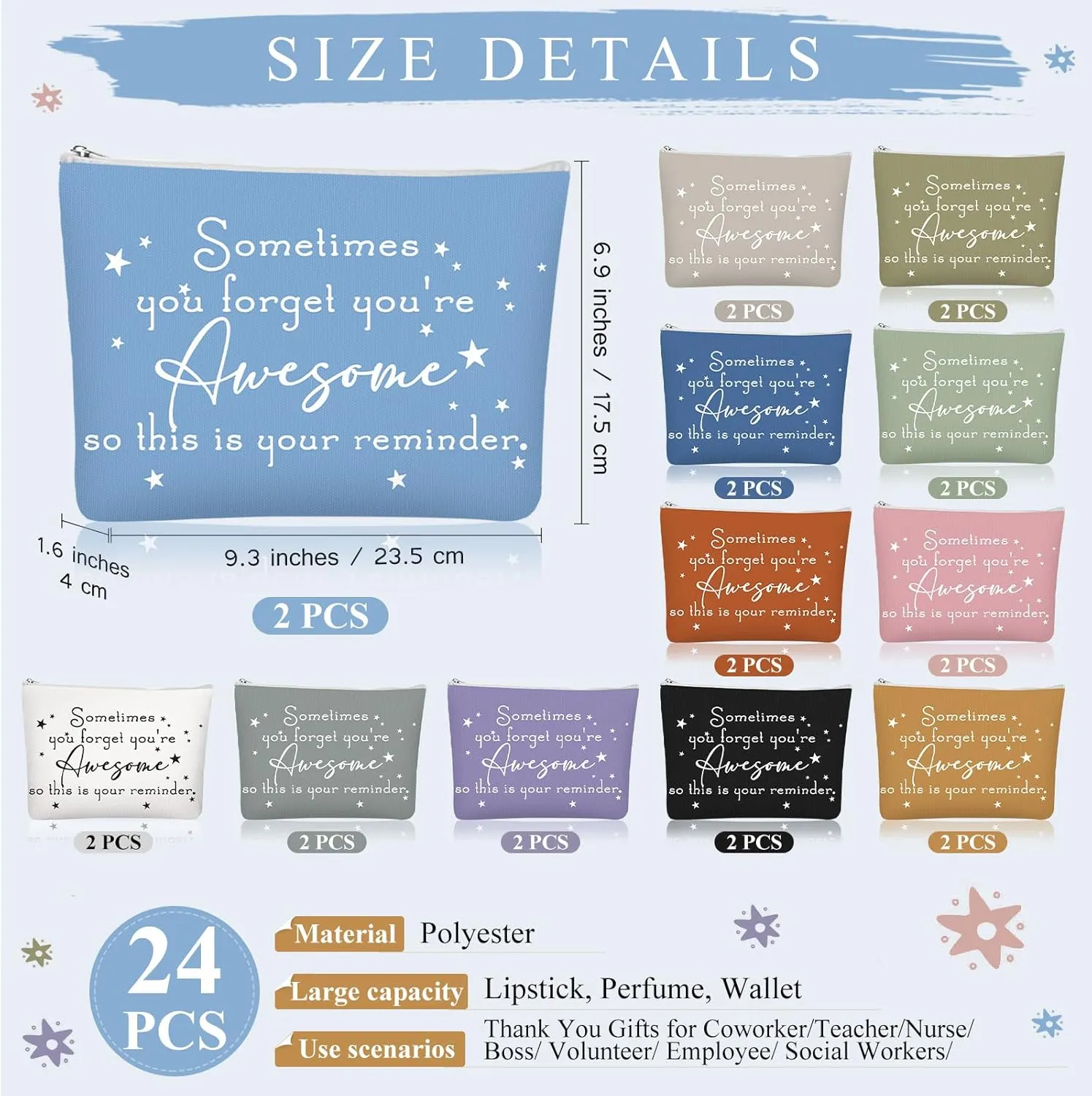 Sieral 24 Pcs Inspirational Makeup Bag Appreciation Nurse Gift for Women You're Awesome Cosmetic Bags Employee Motivational Gifts for Coworkers Teacher Mom Assistant Nurse(Pastel Color)
