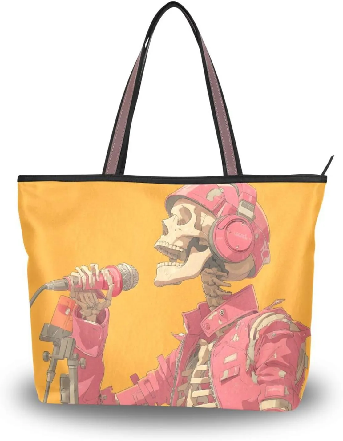 Skeleton Singer Women Tote Bag Purse Zipper Closure Reusable Grocery Handbag Large