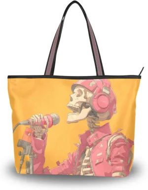 Skeleton Singer Women Tote Bag Purse Zipper Closure Reusable Grocery Handbag Large