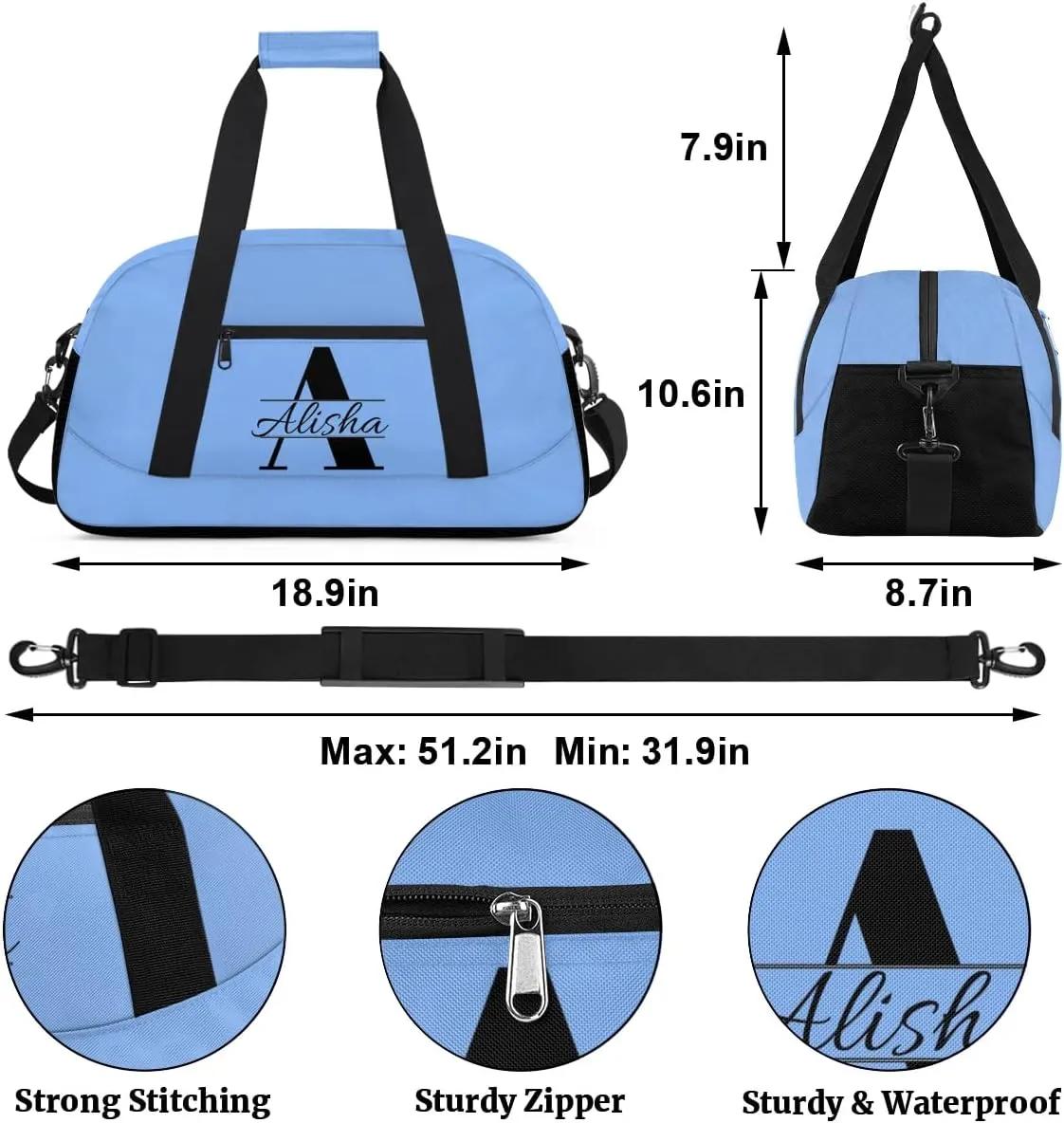 Sky Blue Personalized Duffel Bag, Custom Travel Bag with Name, Initial Weekender Overnight Bag Monogram Sport Gym Bags for Women Men