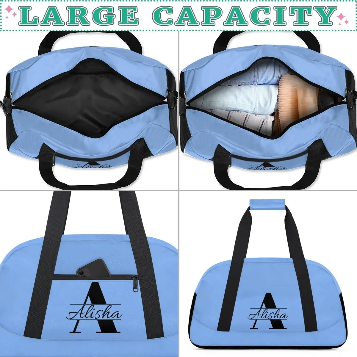 Sky Blue Personalized Duffel Bag, Custom Travel Bag with Name, Initial Weekender Overnight Bag Monogram Sport Gym Bags for Women Men