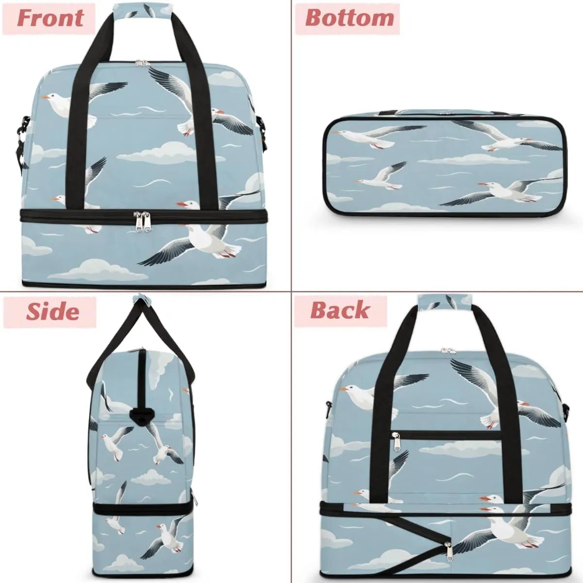 Sky seagulls Foldable Travel Duffel Bag Overnight Weekender Bag with Shoes Compartment Sports Gym Bag for Men Women
