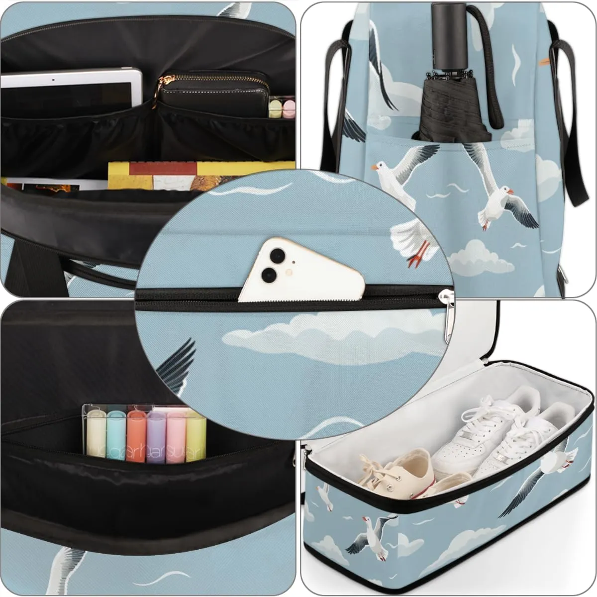 Sky seagulls Foldable Travel Duffel Bag Overnight Weekender Bag with Shoes Compartment Sports Gym Bag for Men Women