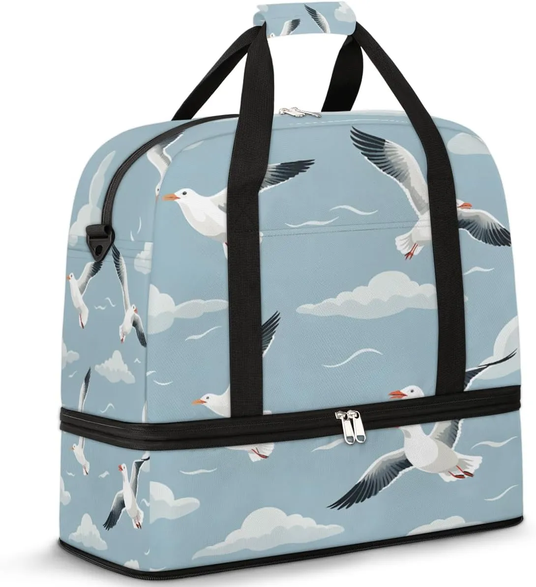 Sky seagulls Foldable Travel Duffel Bag Overnight Weekender Bag with Shoes Compartment Sports Gym Bag for Men Women