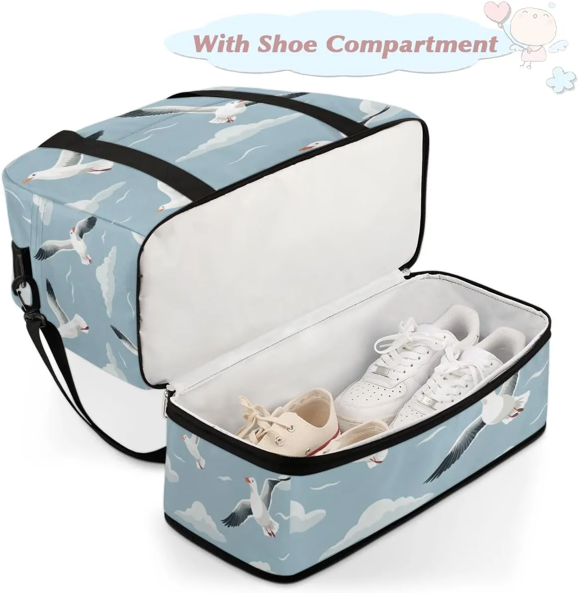 Sky seagulls Foldable Travel Duffel Bag Overnight Weekender Bag with Shoes Compartment Sports Gym Bag for Men Women