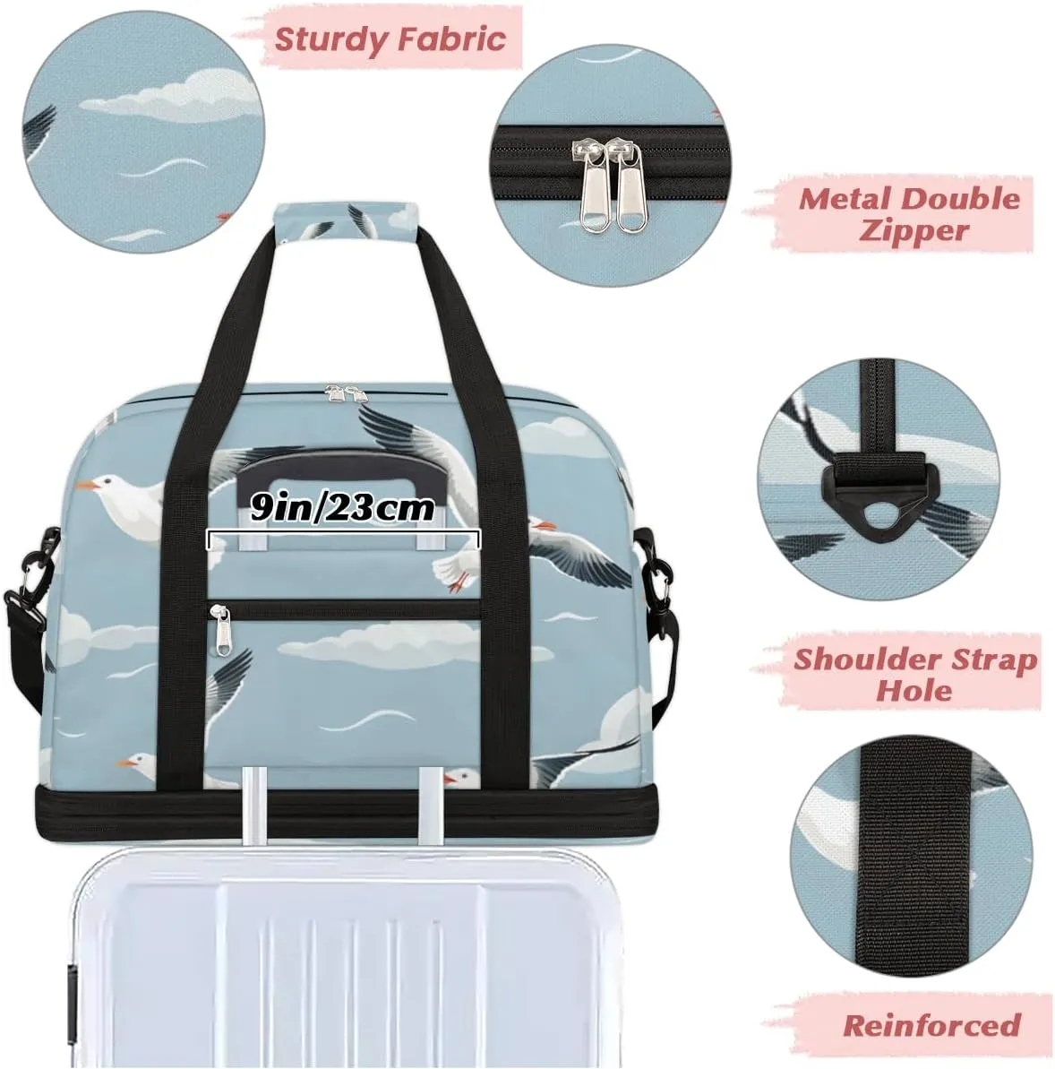 Sky seagulls Foldable Travel Duffel Bag Overnight Weekender Bag with Shoes Compartment Sports Gym Bag for Men Women