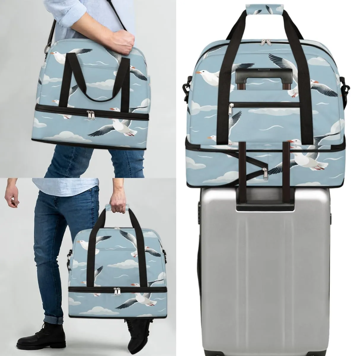 Sky seagulls Foldable Travel Duffel Bag Overnight Weekender Bag with Shoes Compartment Sports Gym Bag for Men Women