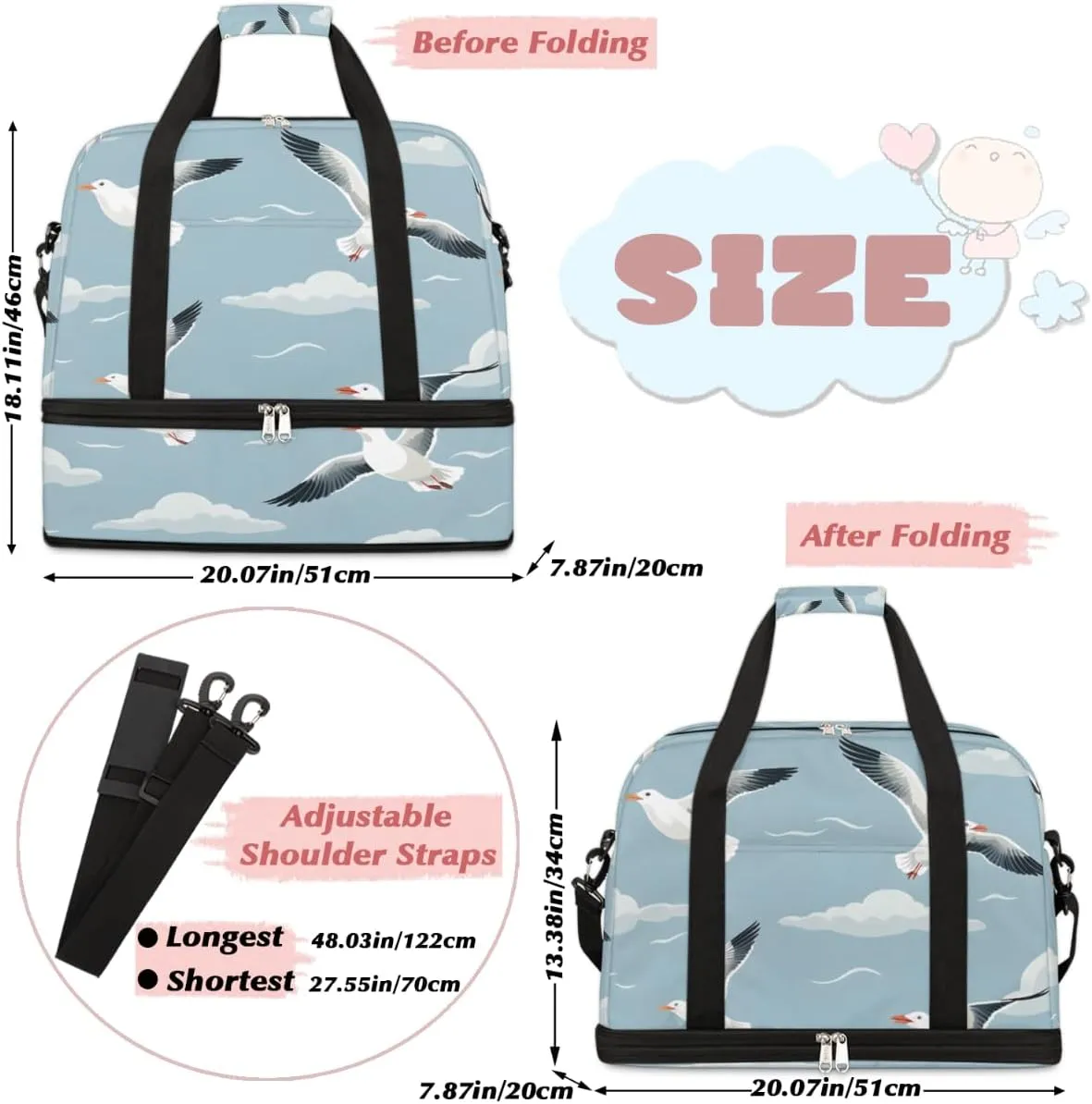 Sky seagulls Foldable Travel Duffel Bag Overnight Weekender Bag with Shoes Compartment Sports Gym Bag for Men Women