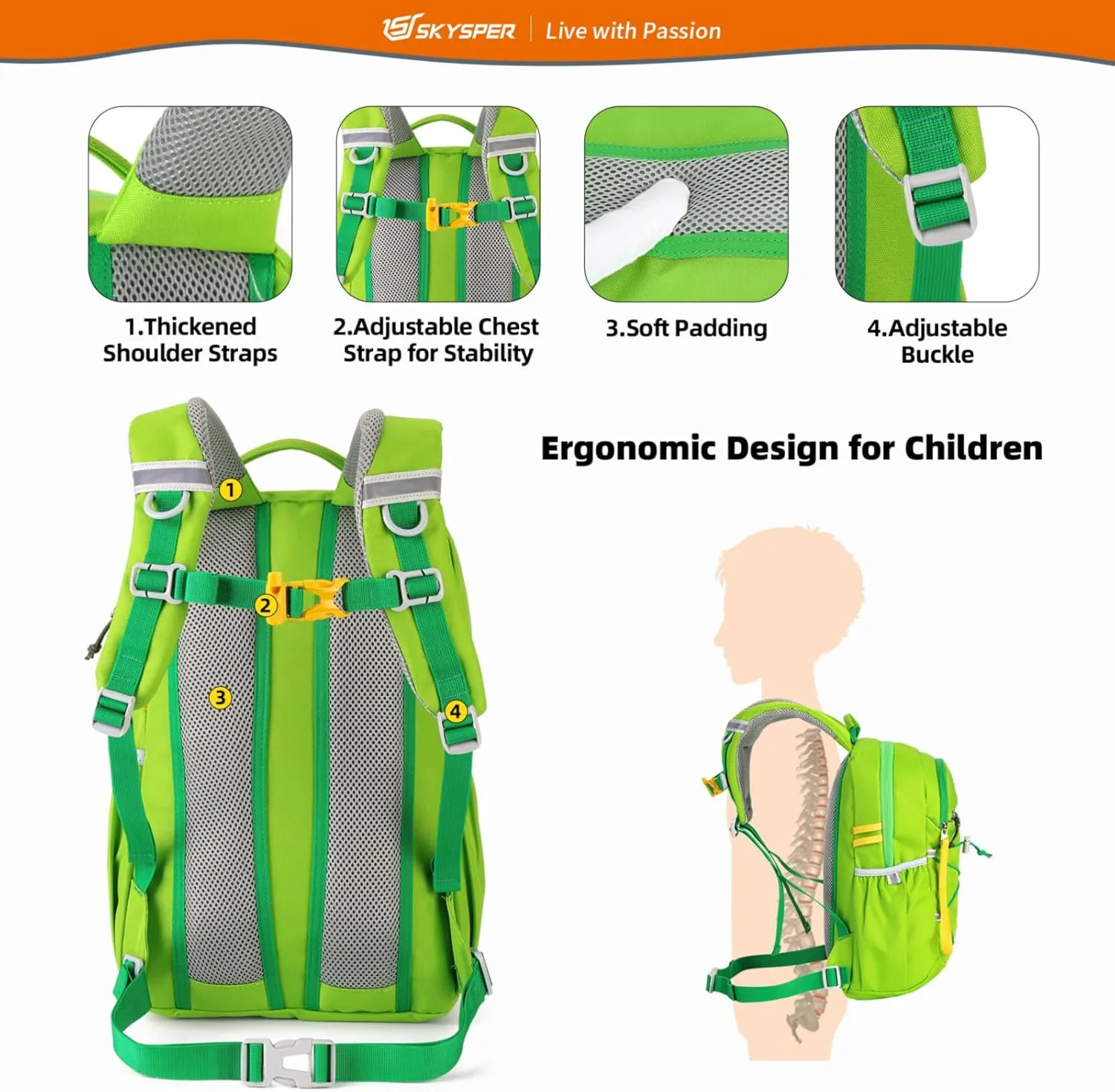 SKYSPER Kids Backpack 12L Children School Bag Child Boy Girl Pack Ages 4-8 for Traveling Day Trips Classes Camping(Applegreen)