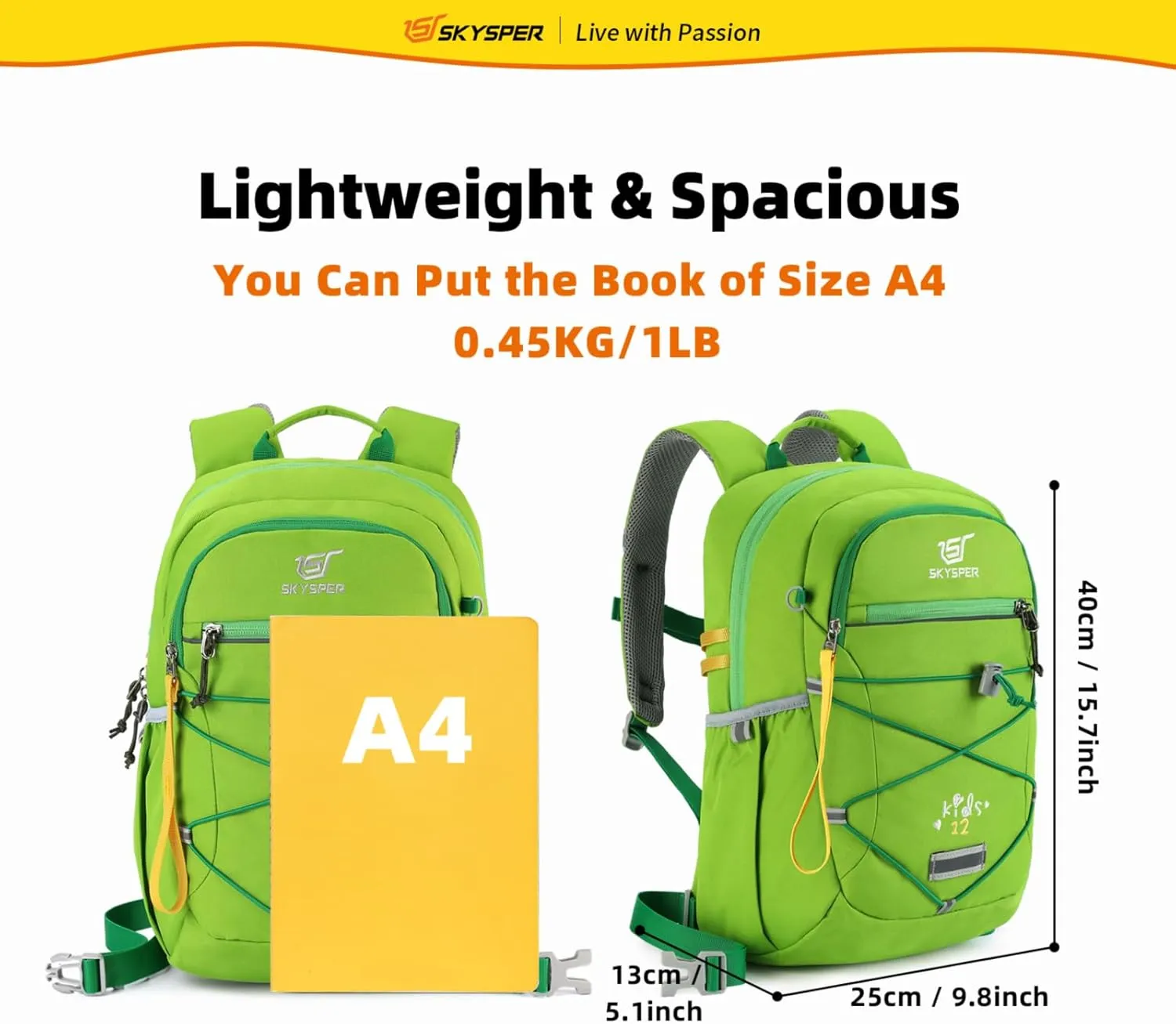 SKYSPER Kids Backpack 12L Children School Bag Child Boy Girl Pack Ages 4-8 for Traveling Day Trips Classes Camping(Applegreen)