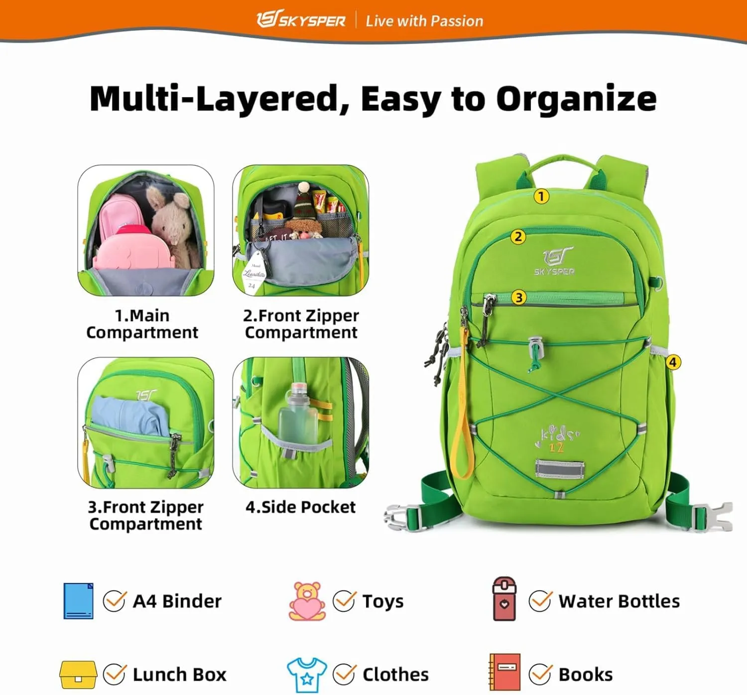 SKYSPER Kids Backpack 12L Children School Bag Child Boy Girl Pack Ages 4-8 for Traveling Day Trips Classes Camping(Applegreen)