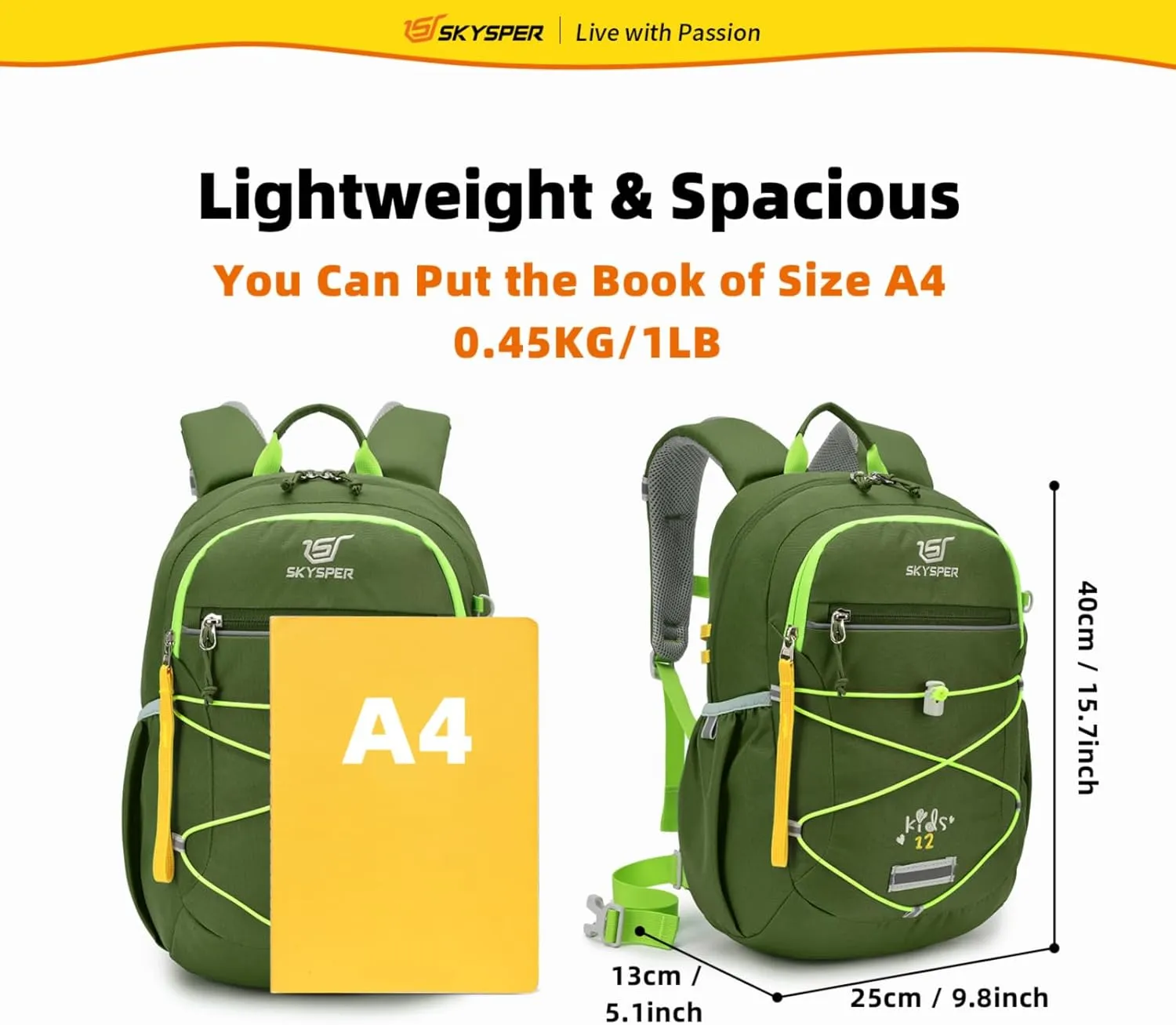 SKYSPER Kids Backpack 12L Children School Bag Child Boy Girl Pack Ages 4-8 for Traveling Day Trips Classes Camping(ArmyGreen)
