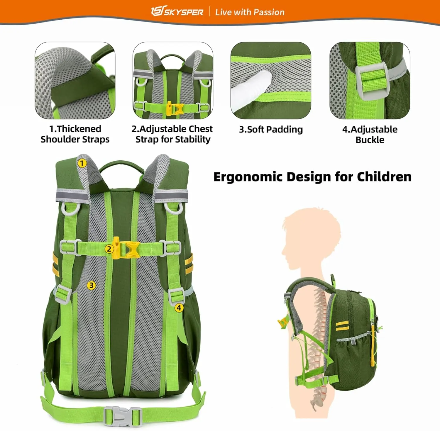 SKYSPER Kids Backpack 12L Children School Bag Child Boy Girl Pack Ages 4-8 for Traveling Day Trips Classes Camping(ArmyGreen)