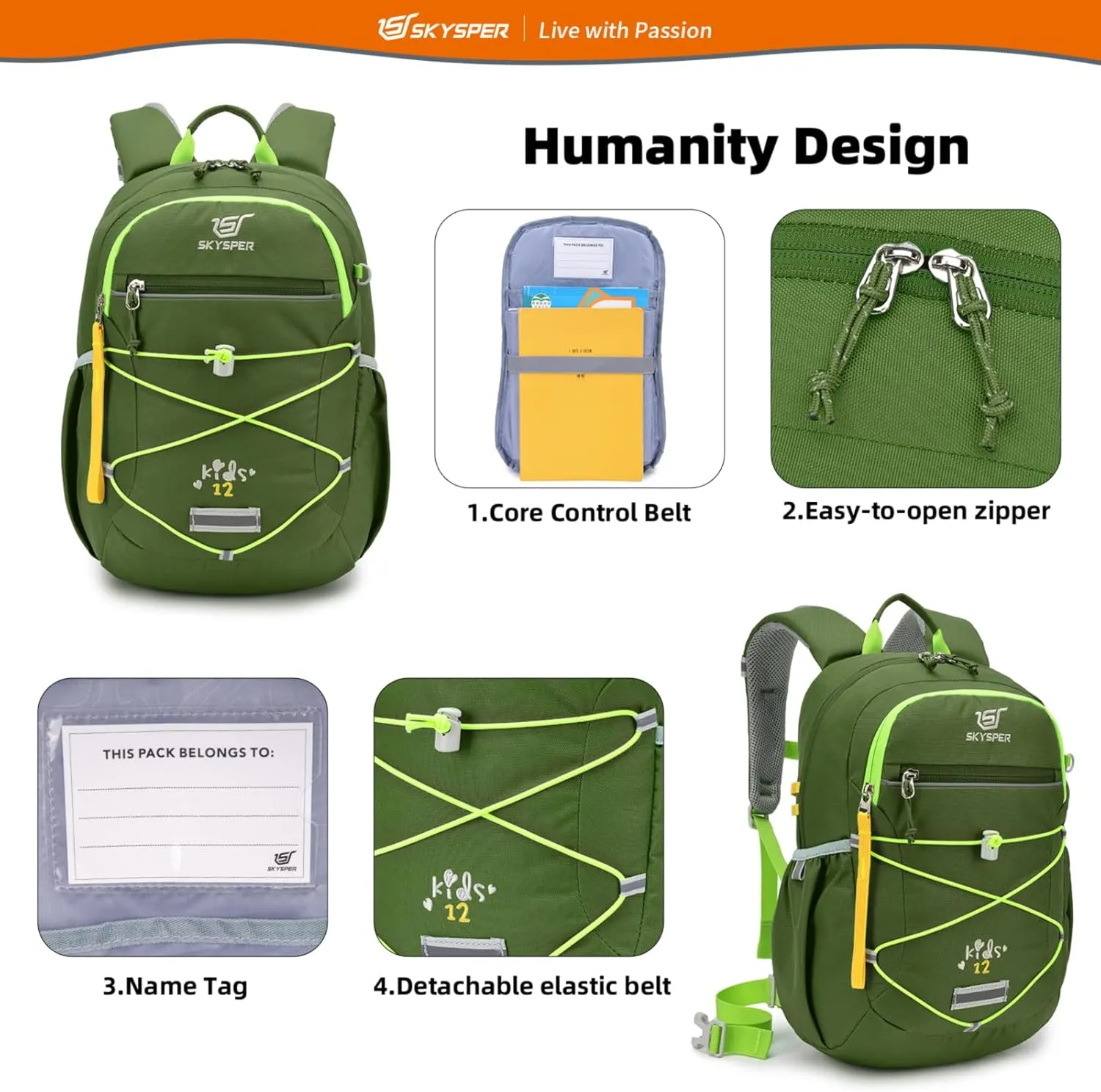 SKYSPER Kids Backpack 12L Children School Bag Child Boy Girl Pack Ages 4-8 for Traveling Day Trips Classes Camping(ArmyGreen)