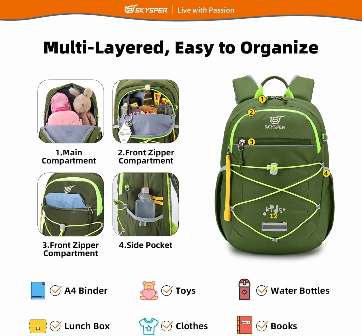 SKYSPER Kids Backpack 12L Children School Bag Child Boy Girl Pack Ages 4-8 for Traveling Day Trips Classes Camping(ArmyGreen)