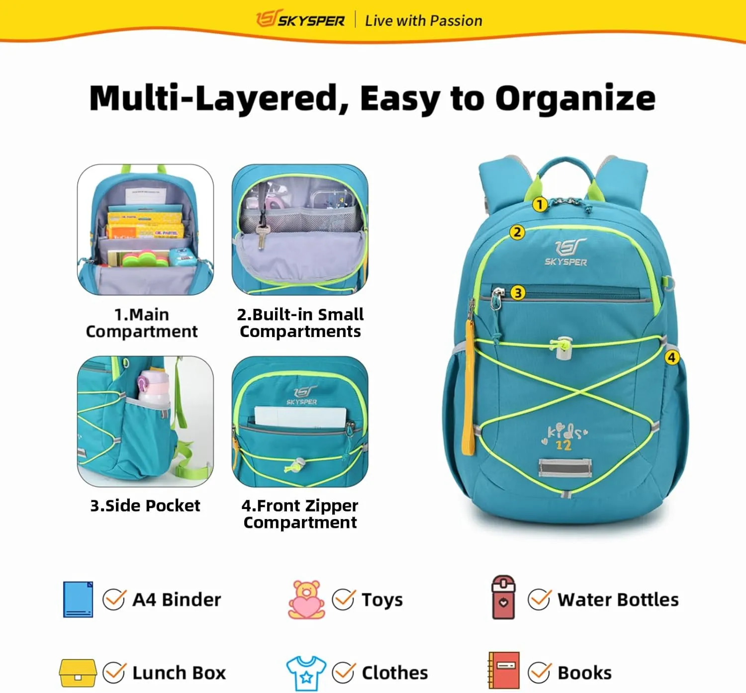 SKYSPER Kids Backpack 12L Children School Bag Child Boy Girl Pack Ages 4-8 for Traveling Day Trips Classes Camping(Teal)