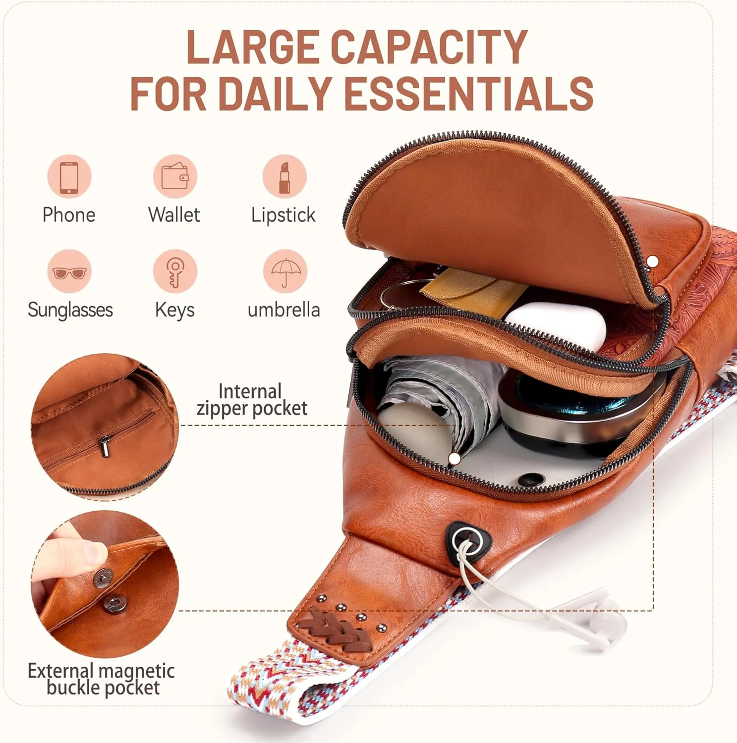 Sling Bag Crossbody Bags for Women Trendy Leather Fanny Packs Chest Bag Sling Crossbody Backpack for Travel (Brown)