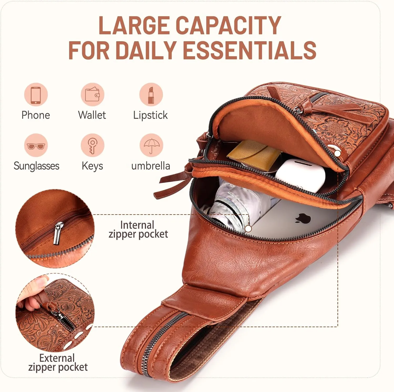 Sling Bag Crossbody Bags for Women Trendy Leather Fanny Packs Chest Bag Sling Crossbody Backpack for Travel (Chocolate Color)