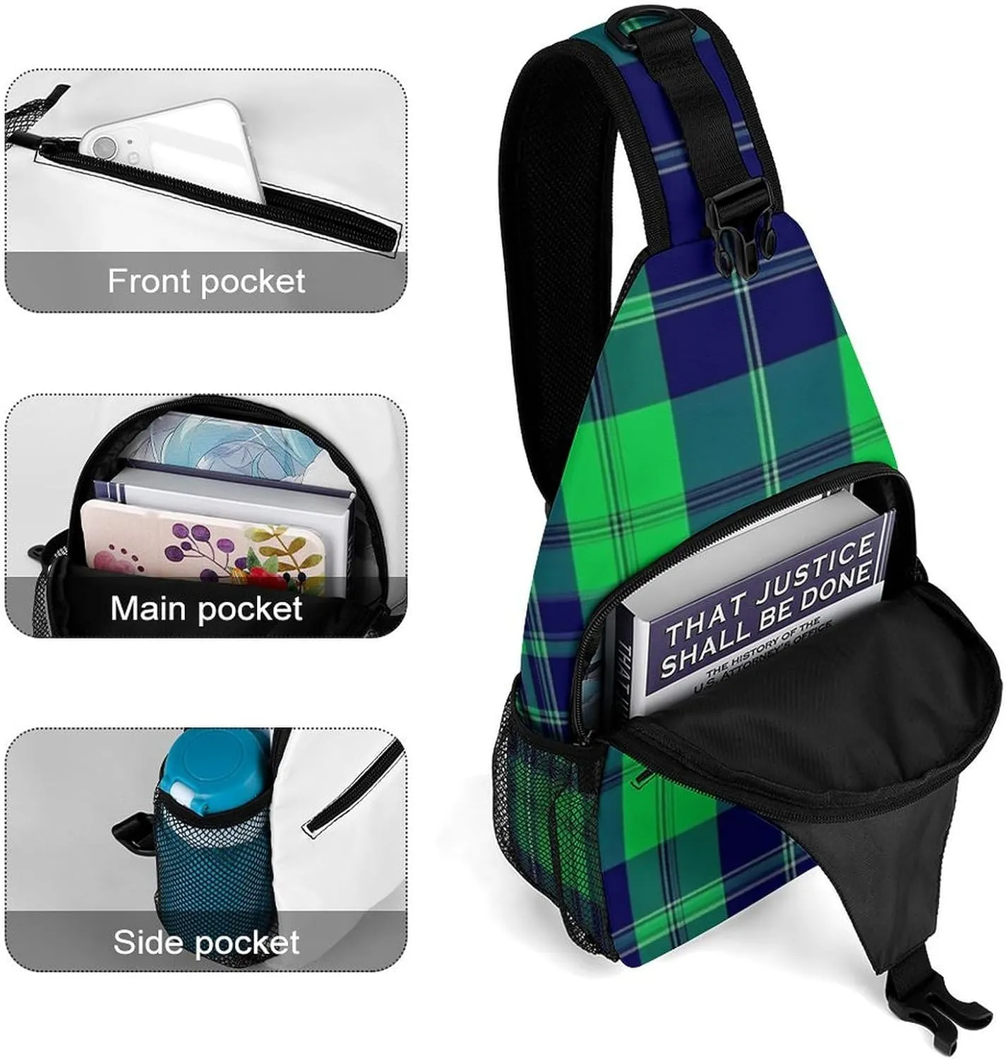 Sling Shoulder Backpack for Men Women Anti-Theft Multipurpose Travel Backpack Camping Outdoor Bag, Blue Green Scottish Tartan Plaid Crossbody Daypacks Shoulder Packs