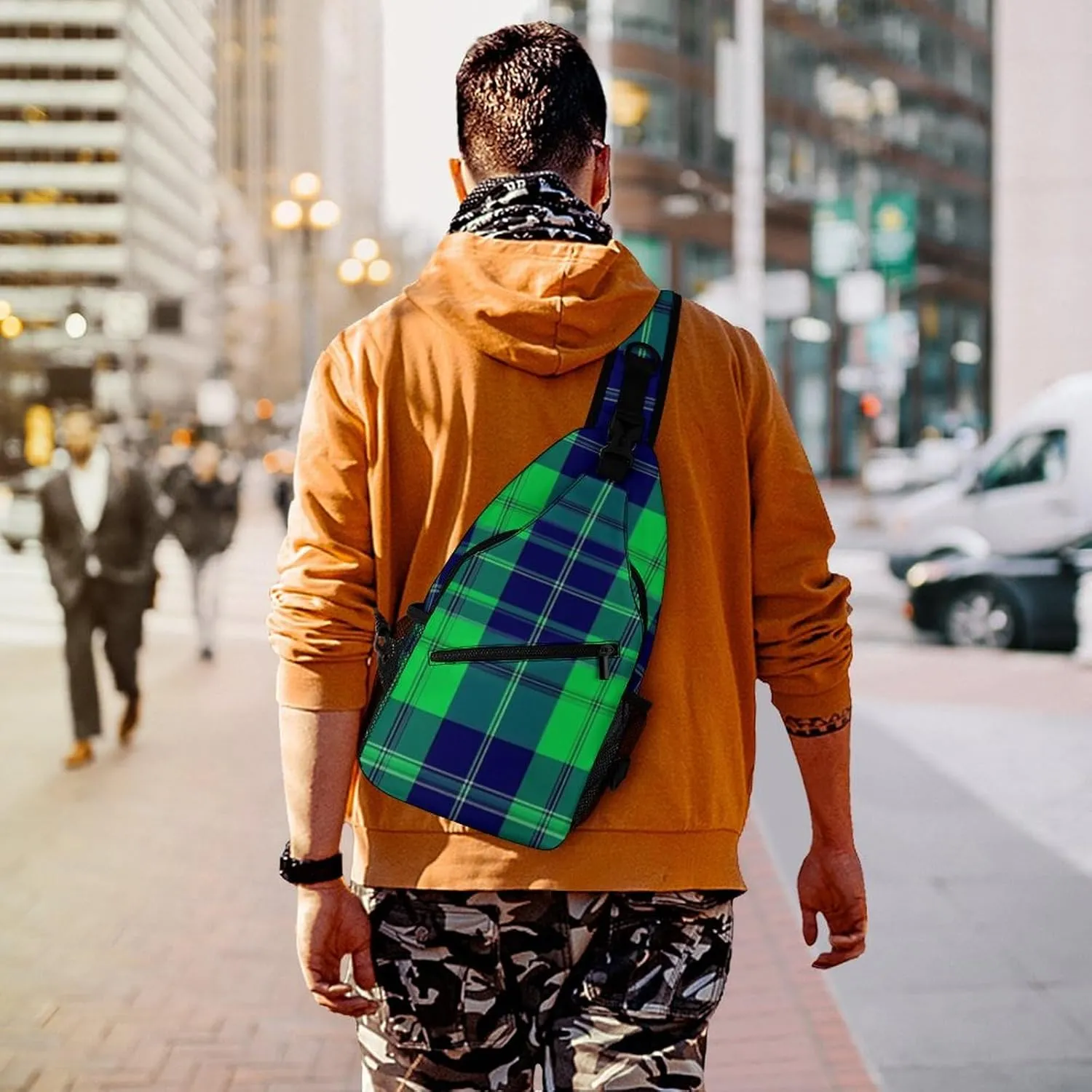 Sling Shoulder Backpack for Men Women Anti-Theft Multipurpose Travel Backpack Camping Outdoor Bag, Blue Green Scottish Tartan Plaid Crossbody Daypacks Shoulder Packs
