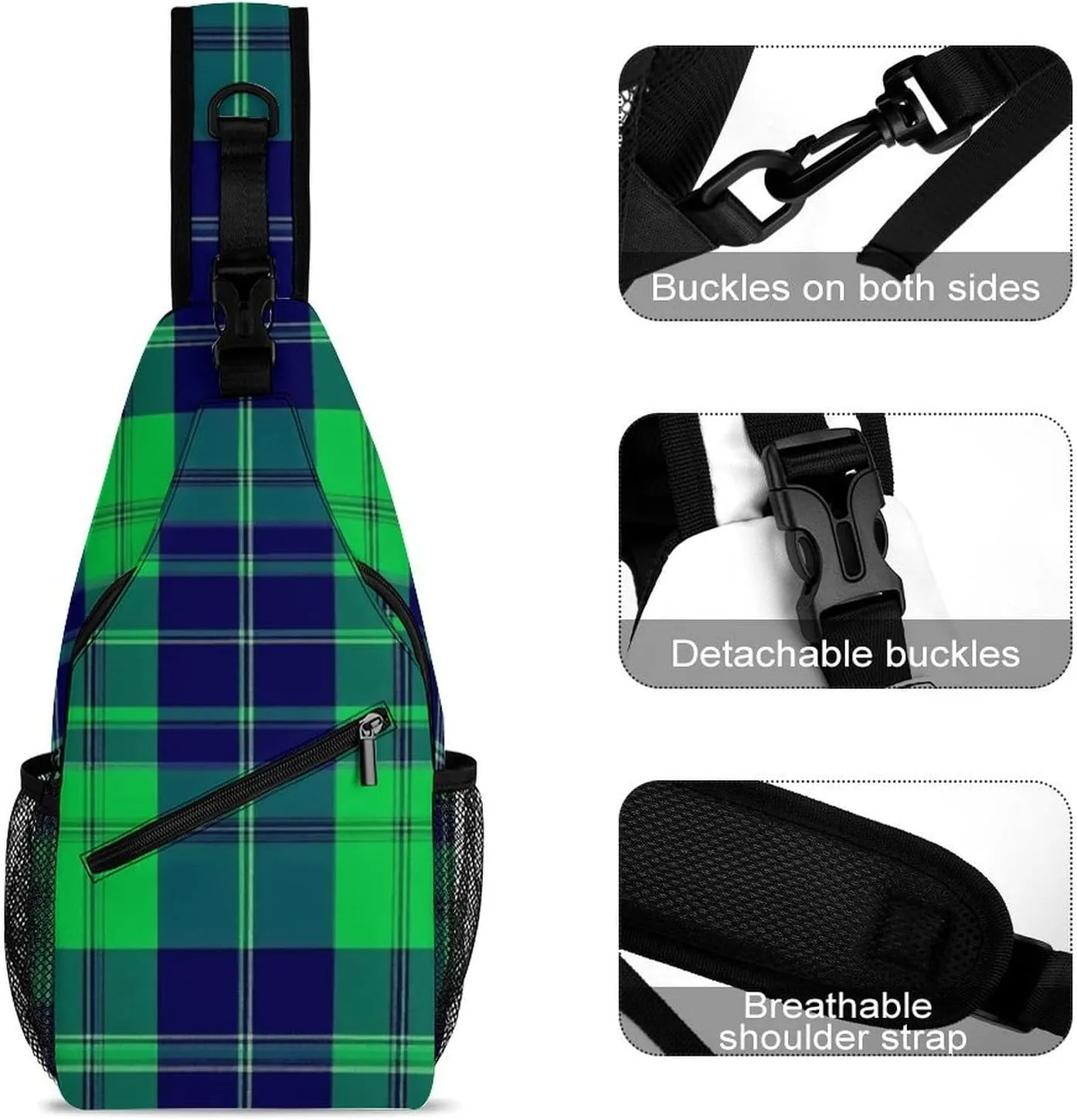 Sling Shoulder Backpack for Men Women Anti-Theft Multipurpose Travel Backpack Camping Outdoor Bag, Blue Green Scottish Tartan Plaid Crossbody Daypacks Shoulder Packs