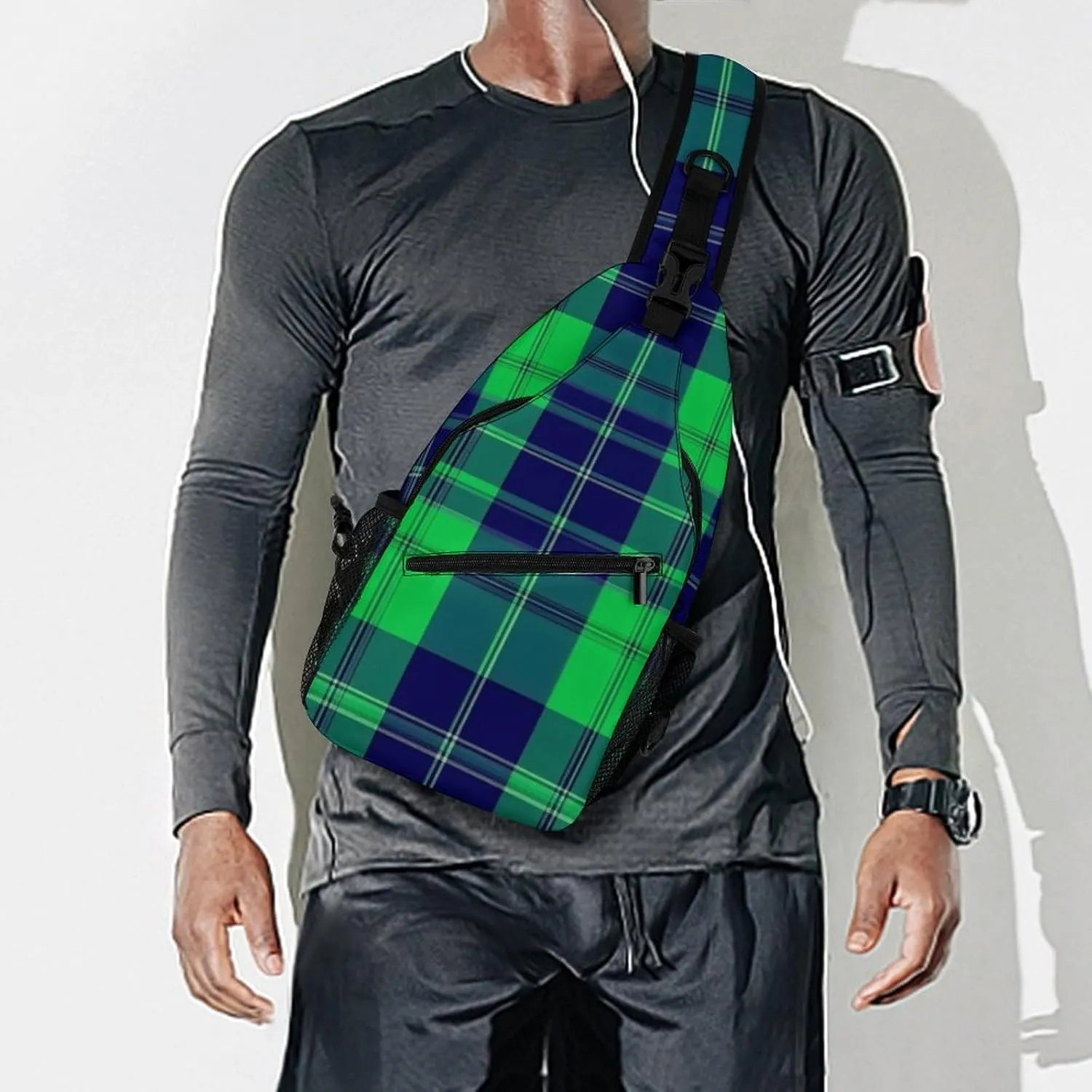 Sling Shoulder Backpack for Men Women Anti-Theft Multipurpose Travel Backpack Camping Outdoor Bag, Blue Green Scottish Tartan Plaid Crossbody Daypacks Shoulder Packs