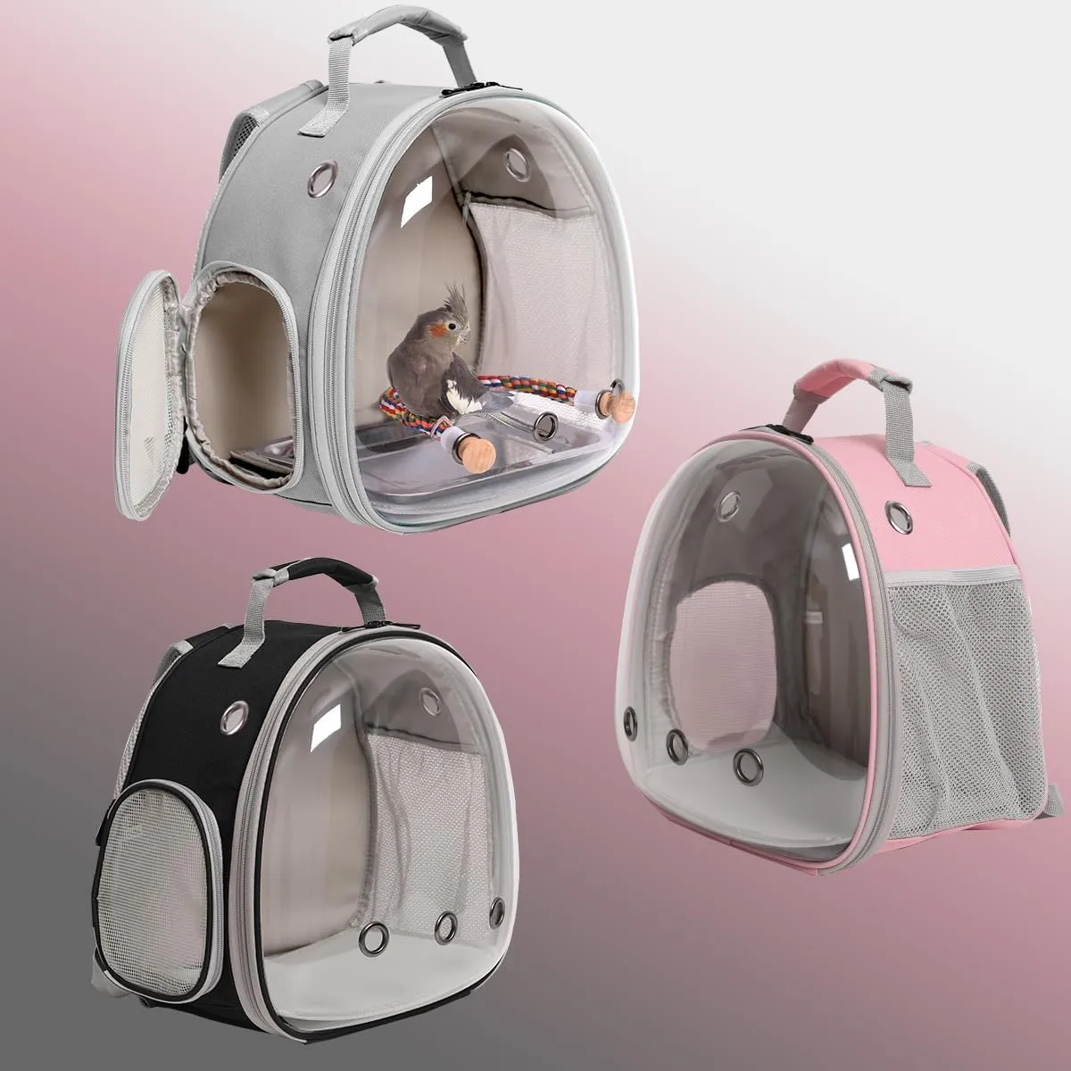 Small Bird Travel Backpack Carrier Cage, Backpack to Transport Backpack Carrier with Metal Tray Stand Perch for Parakeet Cockatiel Budgies Vet Carry Book Bag Grey