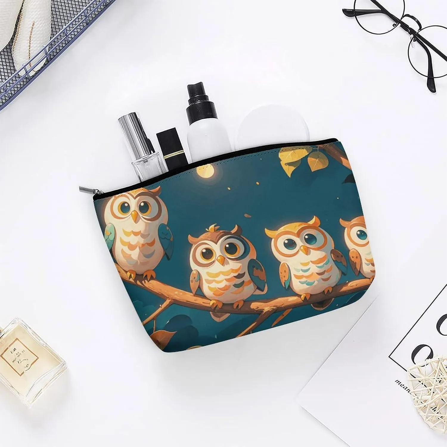 Small Cosmetic Bag Elegant Roomy Owls On Branches Makeup Bags Portable Zipper Pouch Lipstick Bag Travel Toiletry Bag for Best Friend Gift